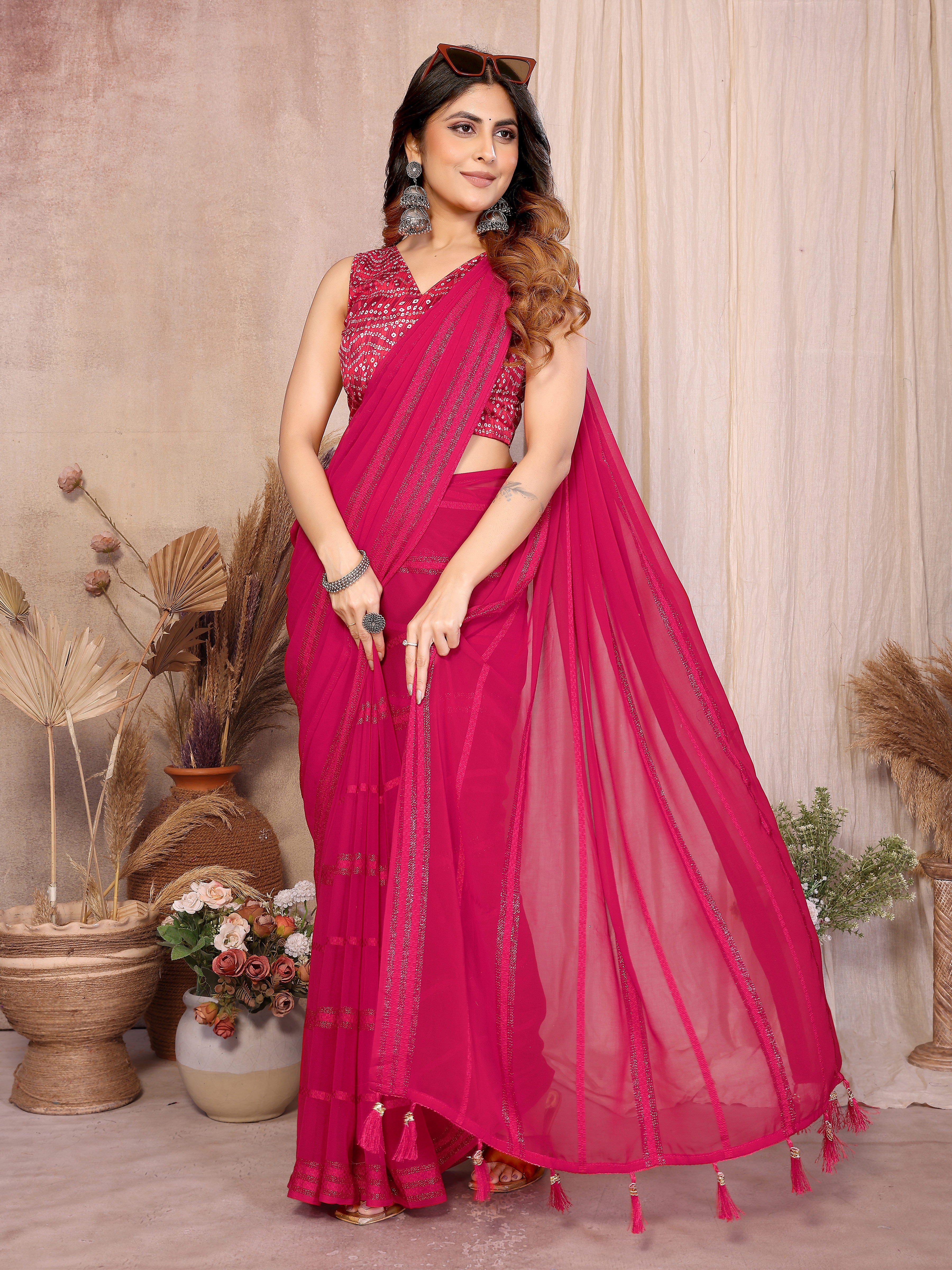Georgette Silk Saree with Kaju Patta Pattern & Printed Foil Work Blouse