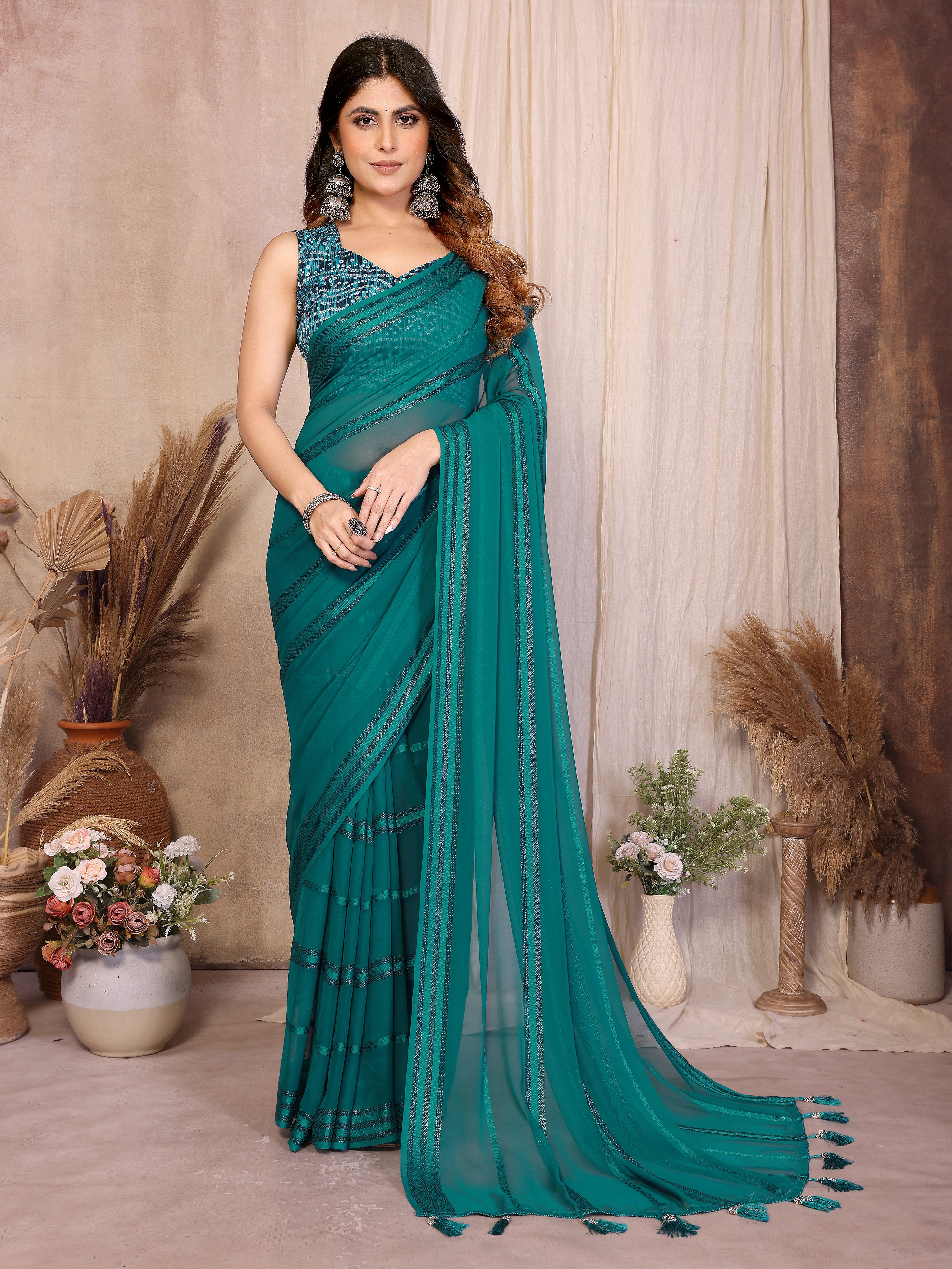 Georgette Silk Saree with Kaju Patta Pattern & Printed Foil Work Blouse