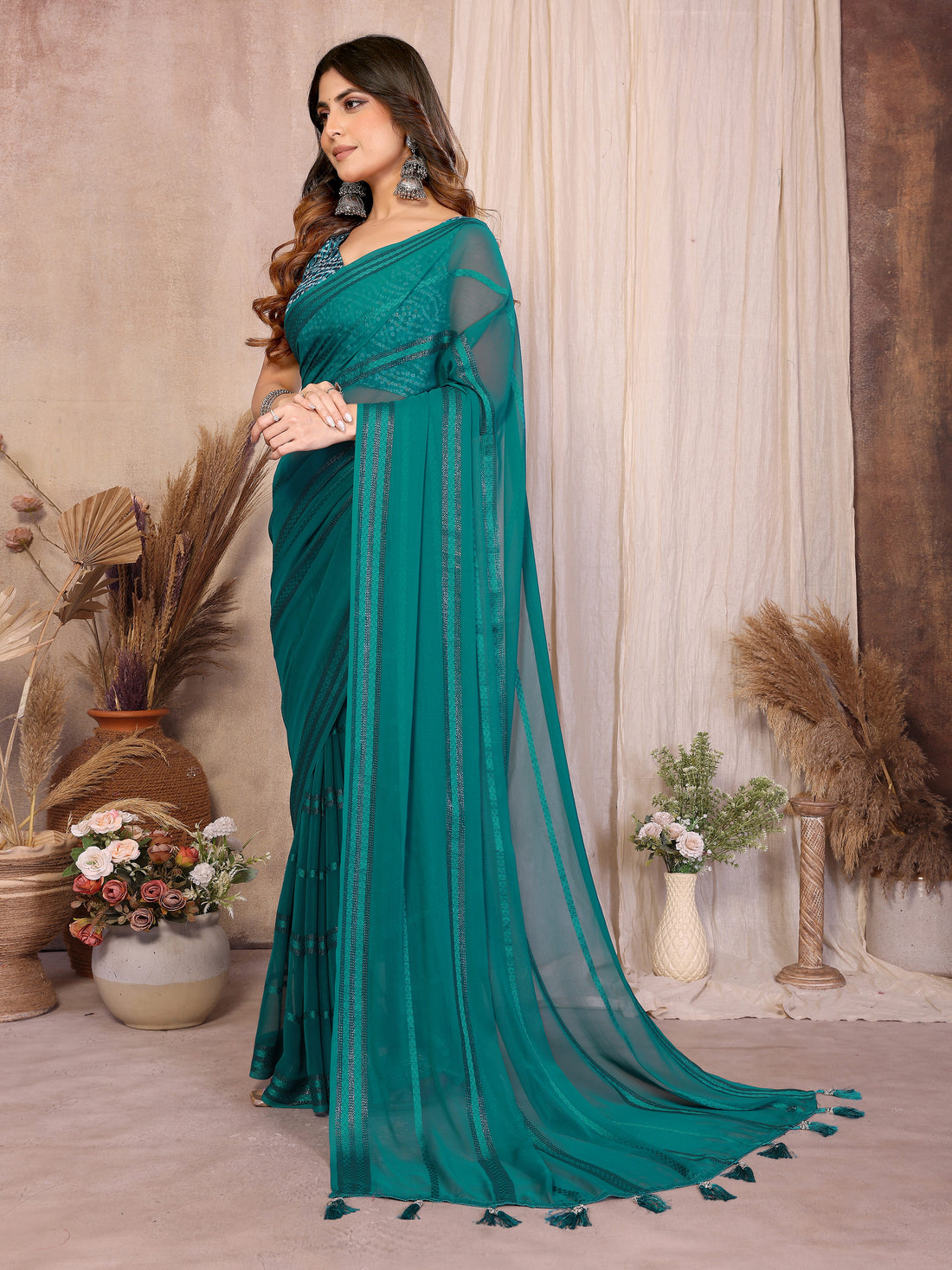 Georgette Silk Saree with Kaju Patta Pattern & Printed Foil Work Blouse