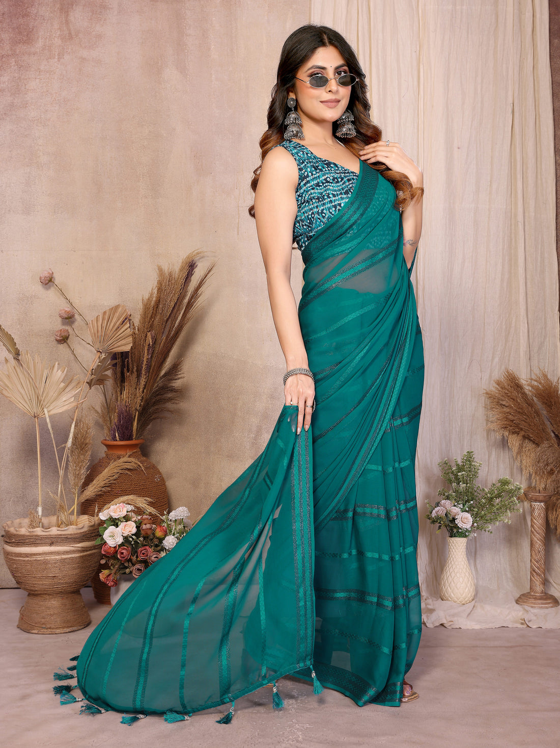 Georgette Silk Saree with Kaju Patta Pattern & Printed Foil Work Blouse