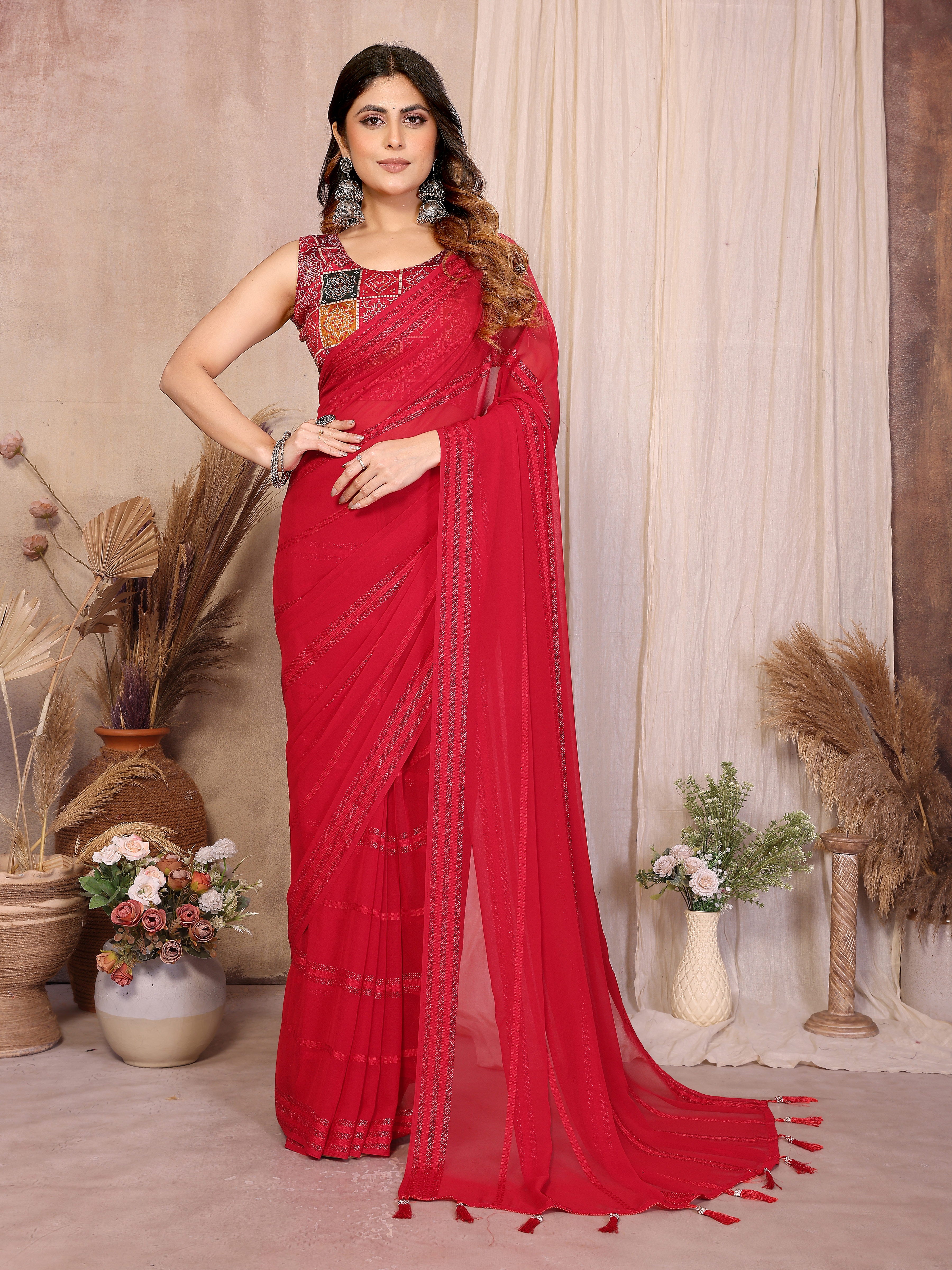 Georgette Silk Saree with Kaju Patta Pattern & Printed Foil Work Blouse
