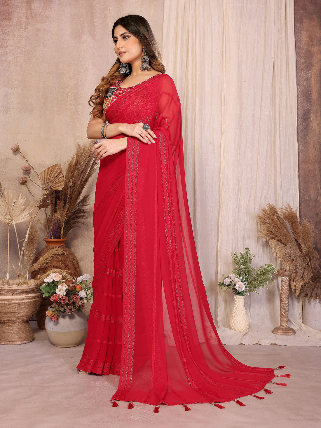 Georgette Silk Saree with Kaju Patta Pattern & Printed Foil Work Blouse