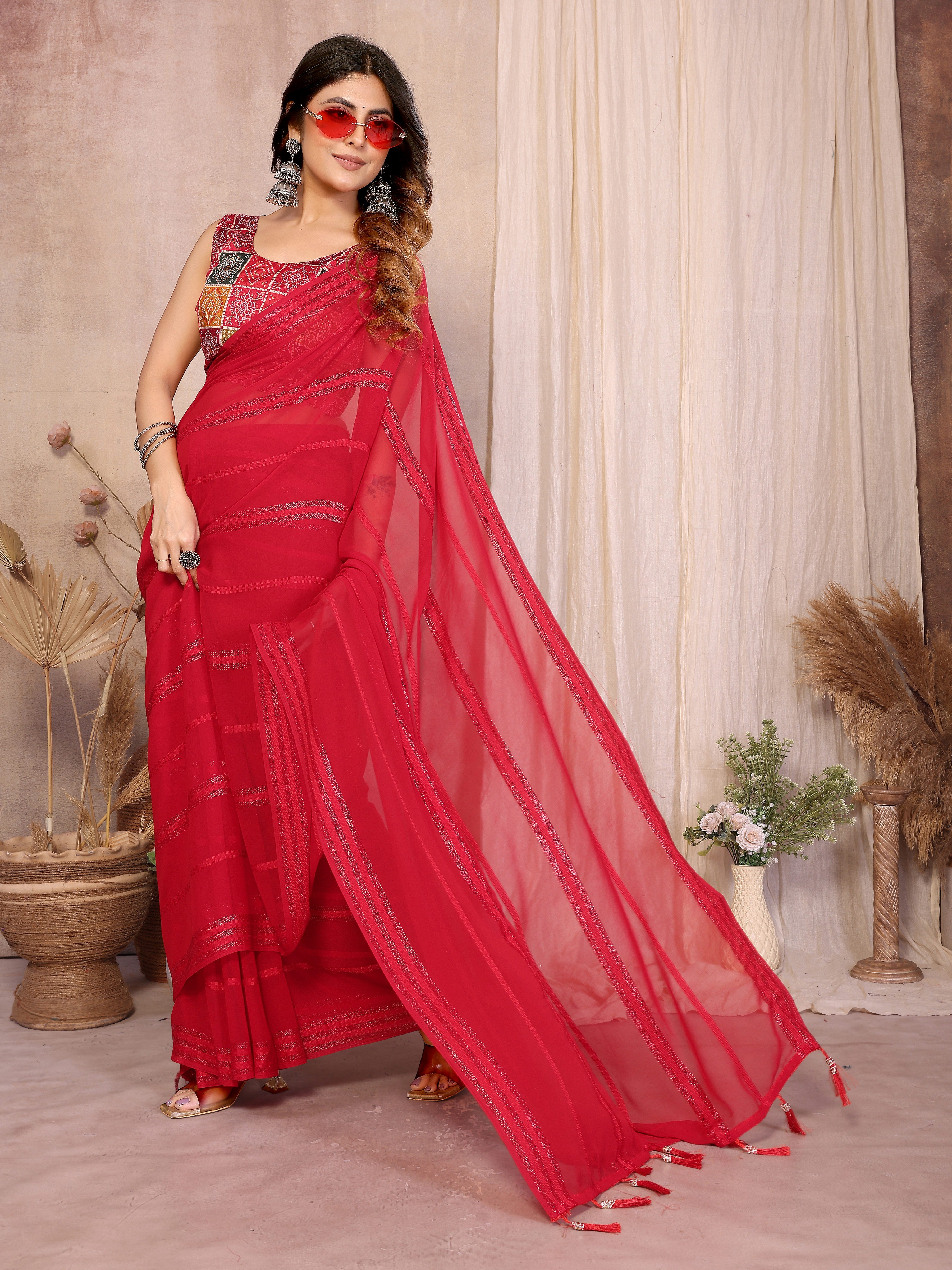 Georgette Silk Saree with Kaju Patta Pattern & Printed Foil Work Blouse