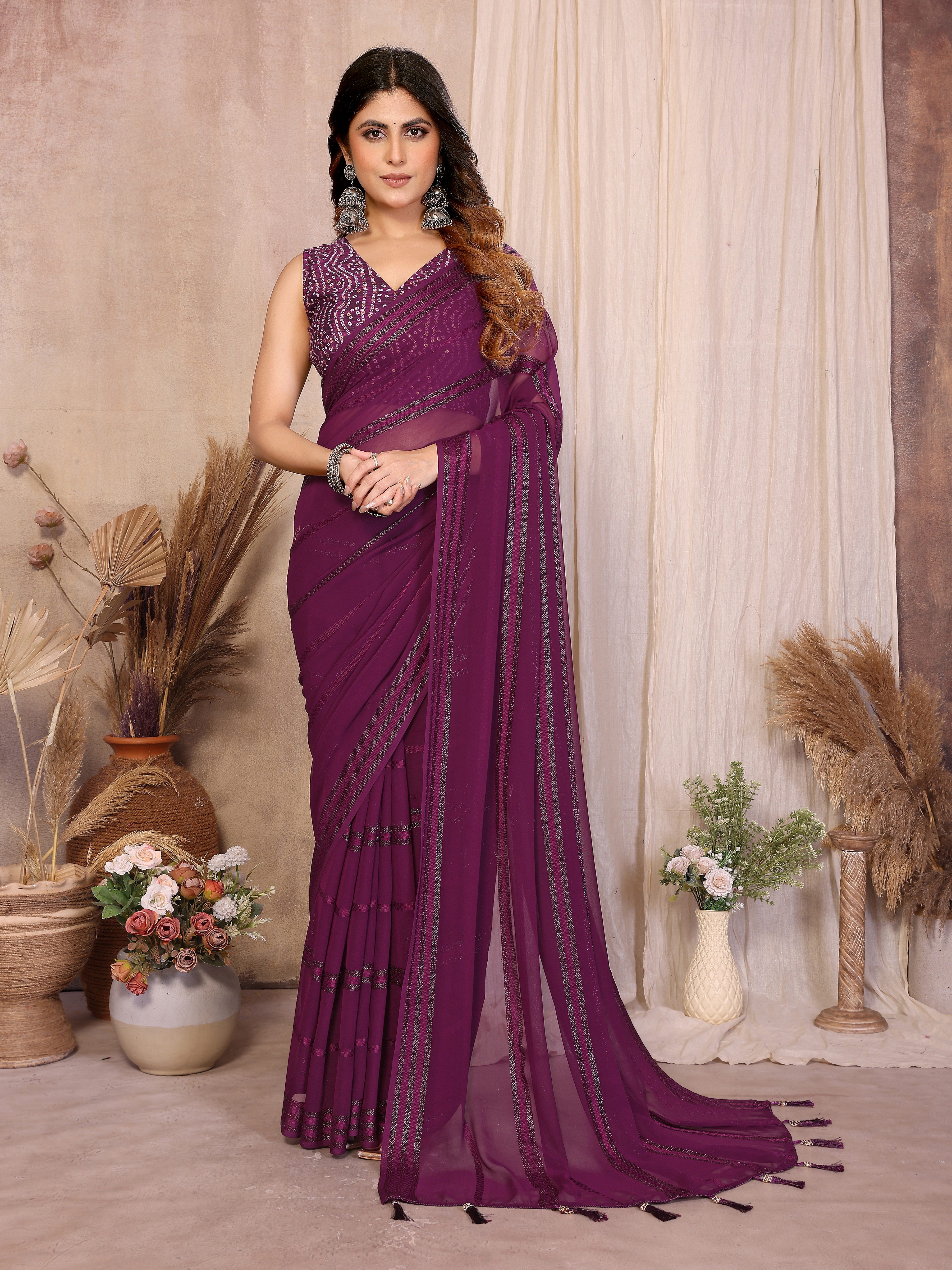 Georgette Silk Saree with Kaju Patta Pattern & Printed Foil Work Blouse