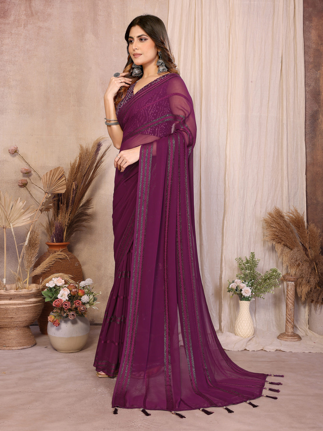 Georgette Silk Saree with Kaju Patta Pattern & Printed Foil Work Blouse