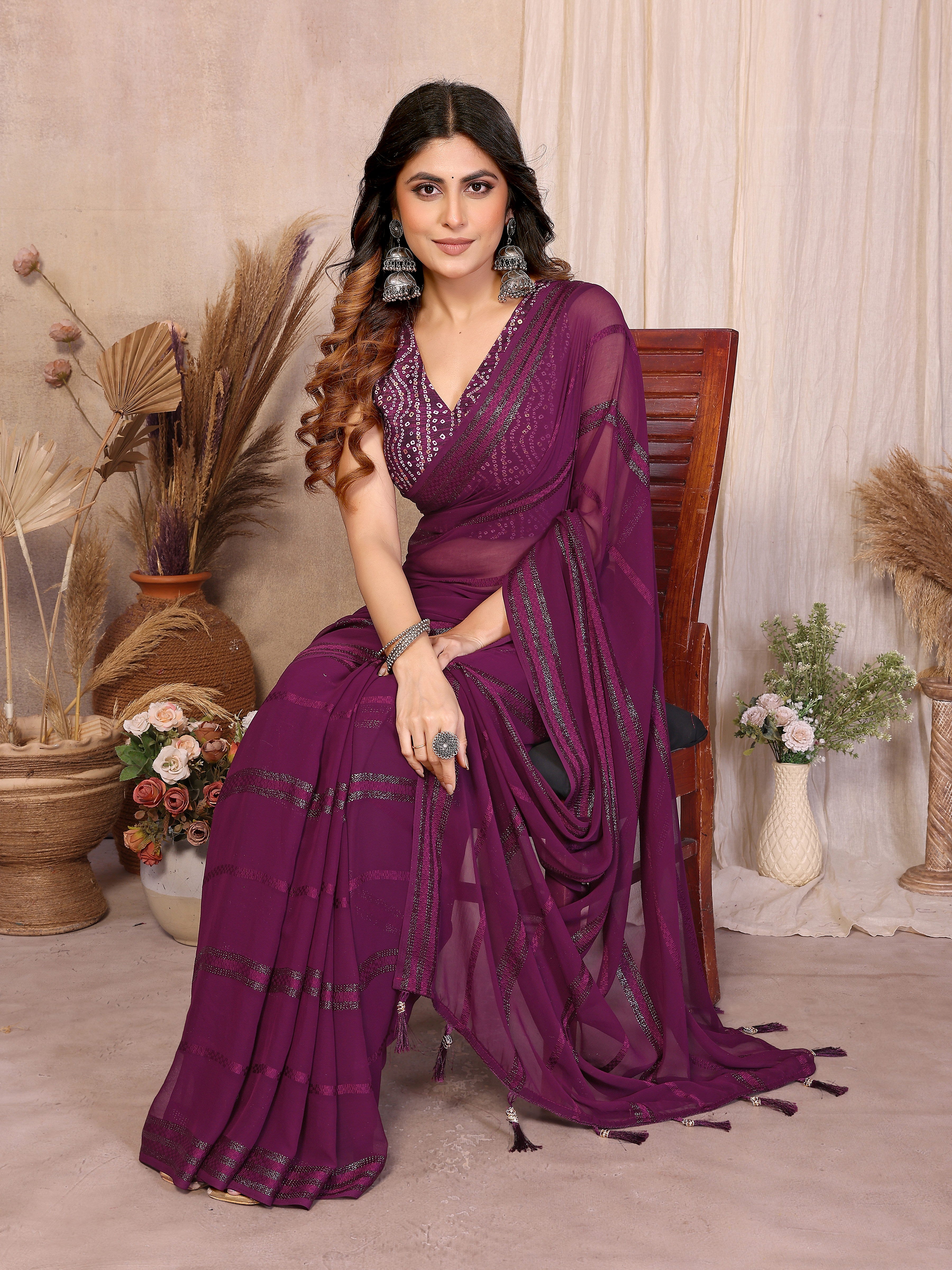Georgette Silk Saree with Kaju Patta Pattern & Printed Foil Work Blouse
