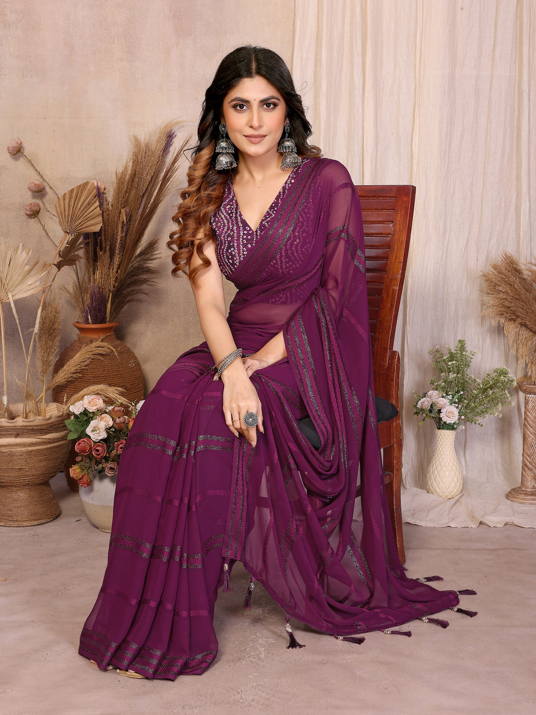 Georgette Silk Saree with Kaju Patta Pattern & Printed Foil Work Blouse