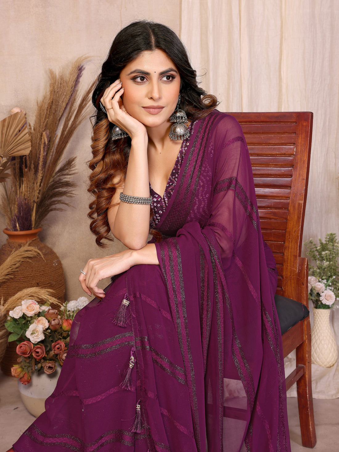 Georgette Silk Saree with Kaju Patta Pattern & Printed Foil Work Blouse