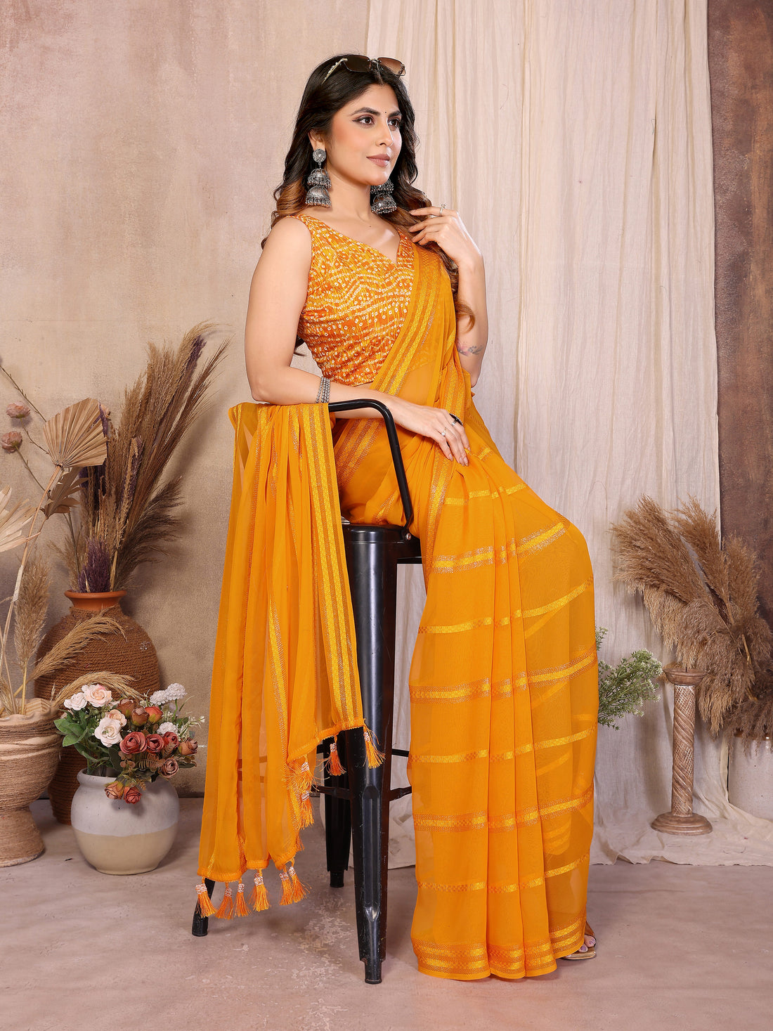 Georgette Silk Saree with Kaju Patta Pattern & Printed Foil Work Blouse