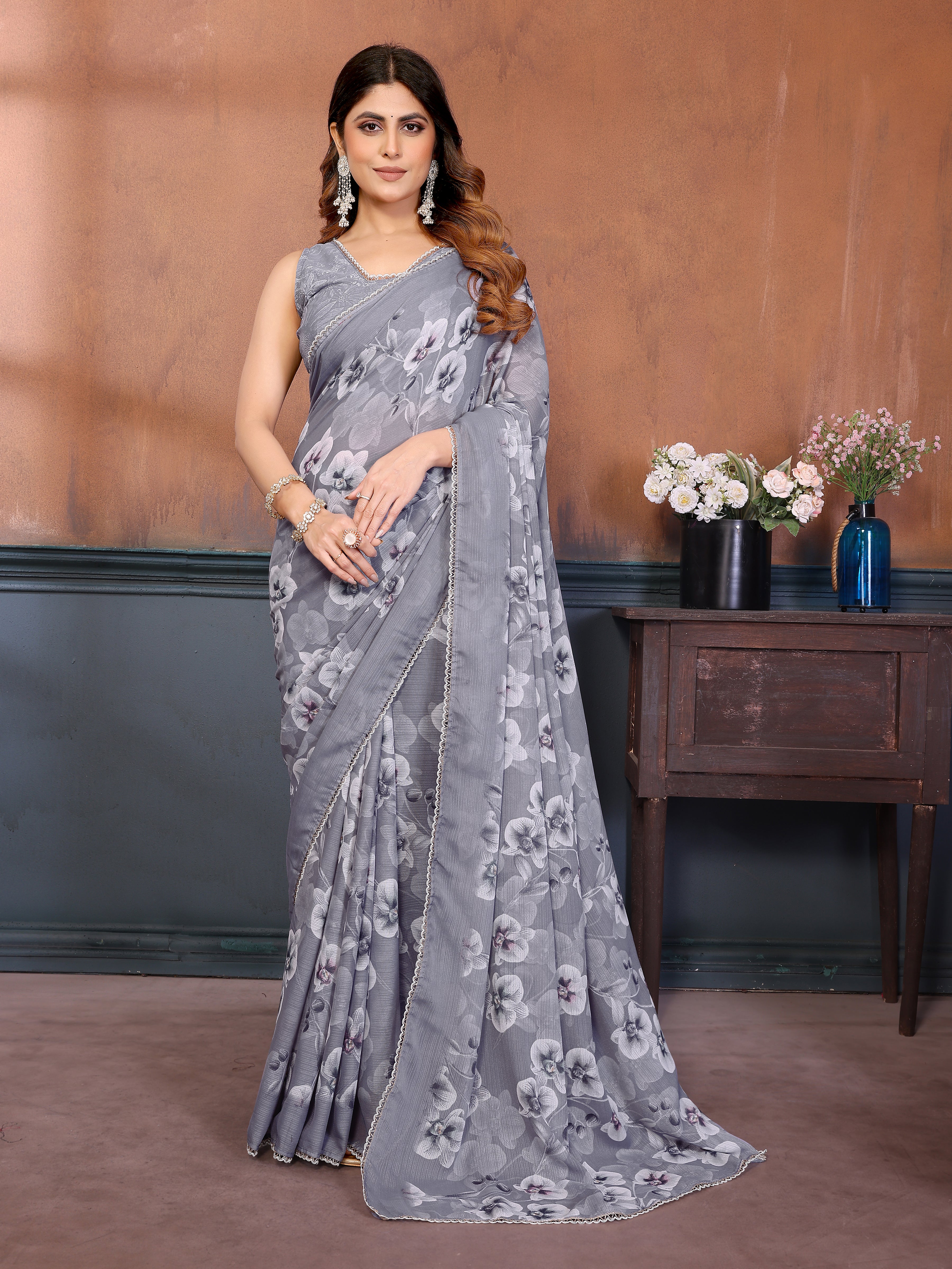 Sharmili Georgette Silk Printed Saree with Floral Print & Matching Unstitched Blouse