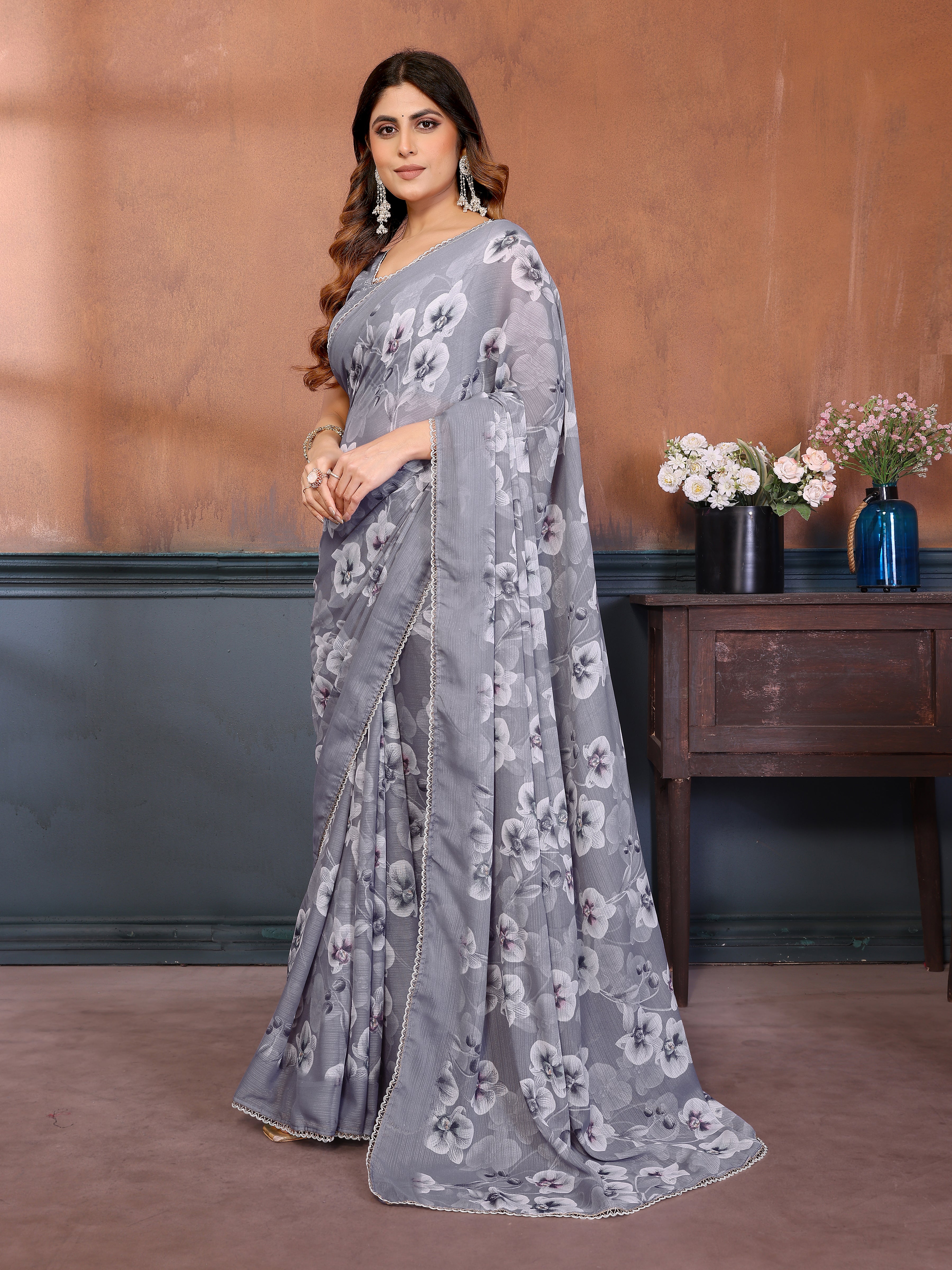 Sharmili Georgette Silk Printed Saree with Floral Print & Matching Unstitched Blouse