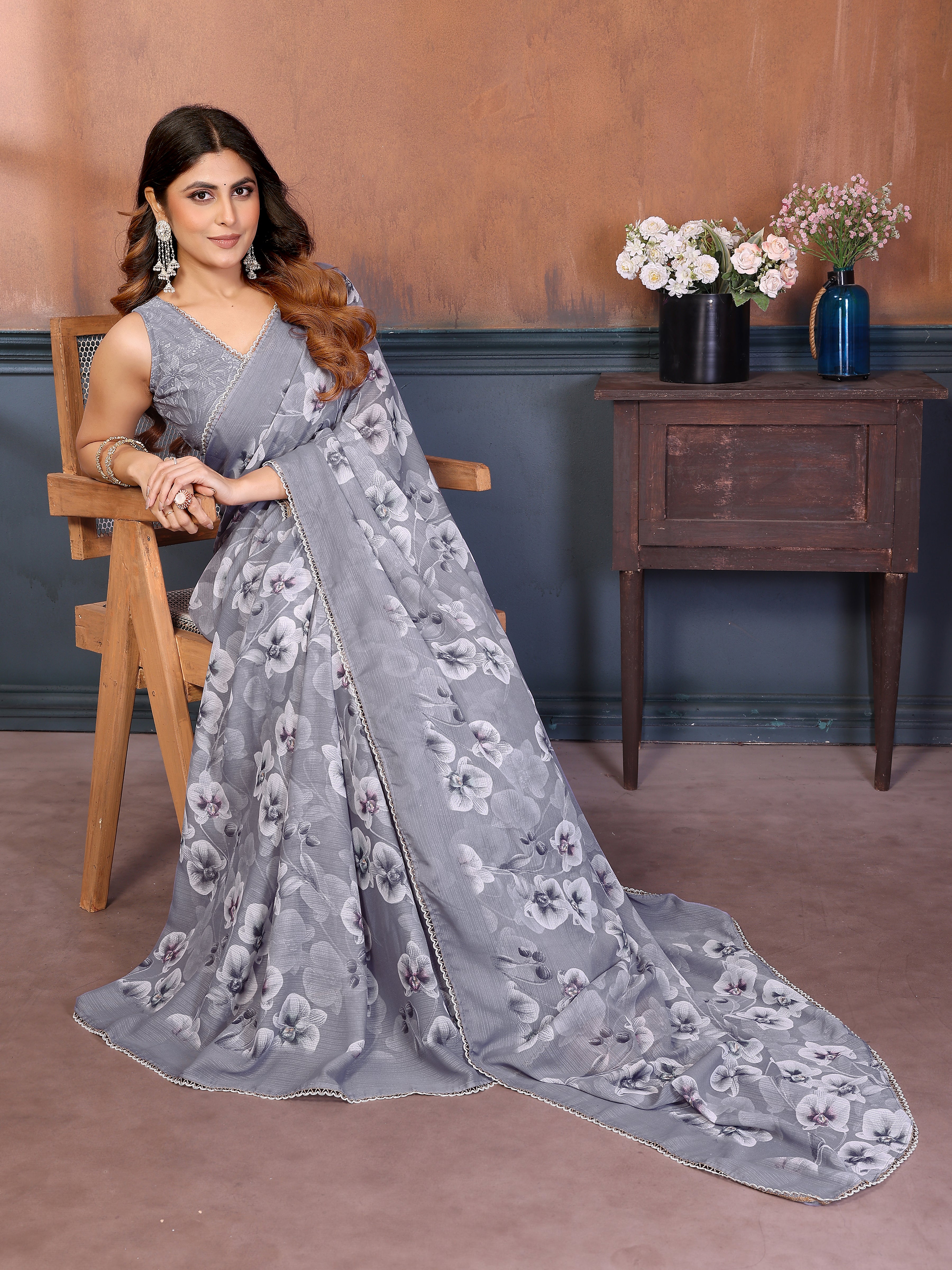 Sharmili Georgette Silk Printed Saree with Floral Print & Matching Unstitched Blouse