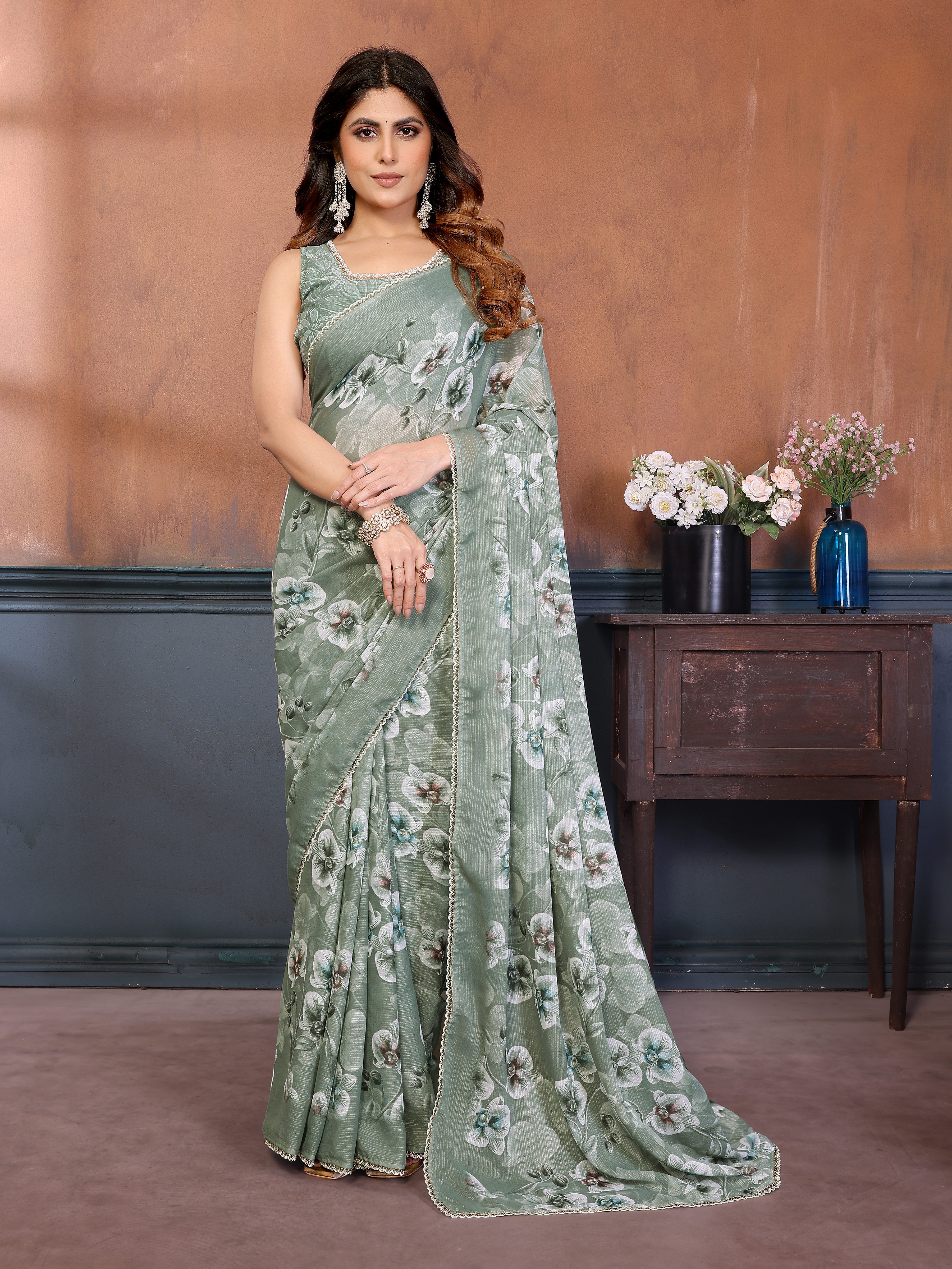 Sharmili Georgette Silk Printed Saree with Floral Print & Matching Unstitched Blouse