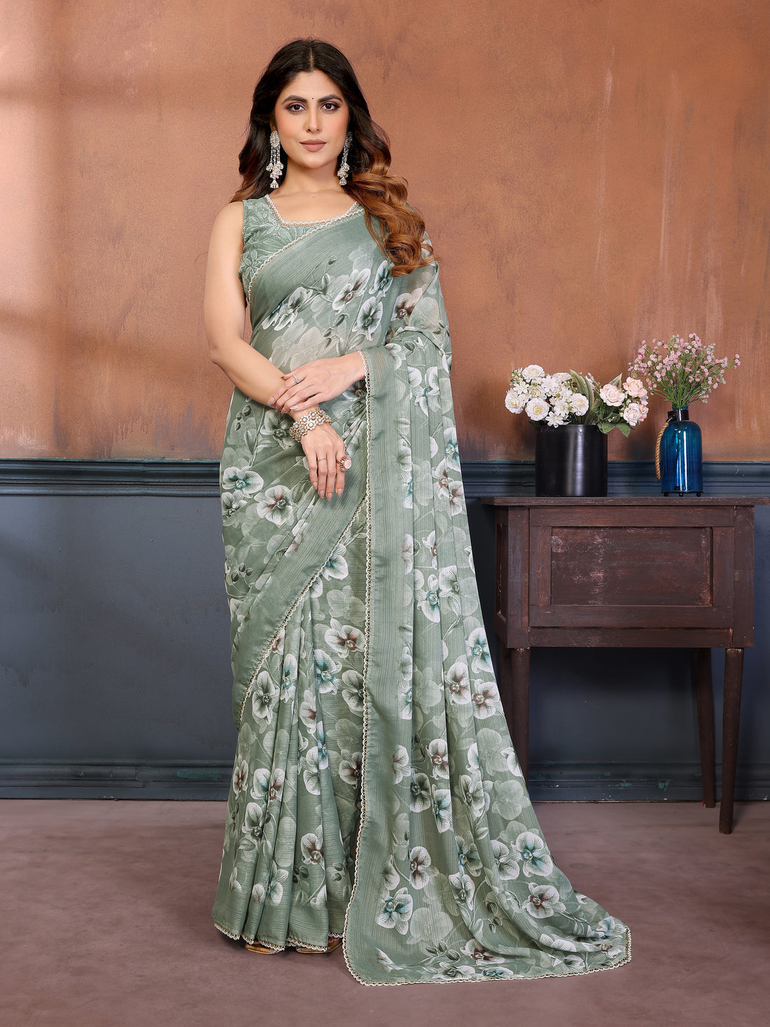 Sharmili Georgette Silk Printed Saree with Floral Print & Matching Unstitched Blouse