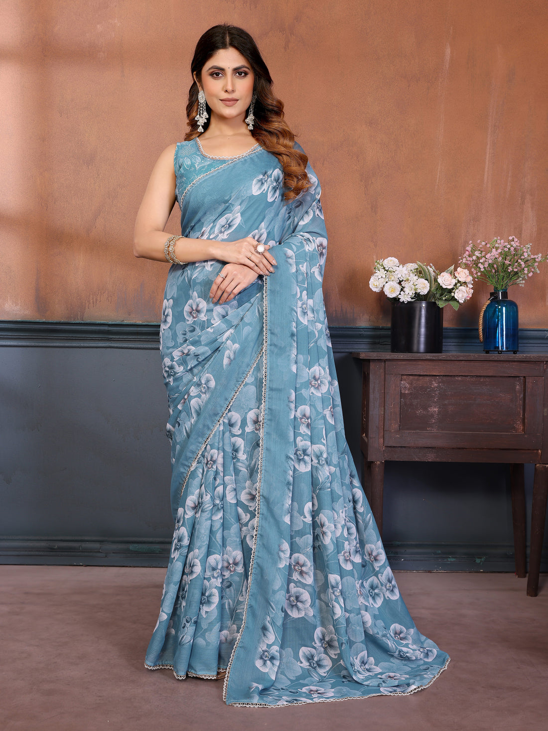 Sharmili Georgette Silk Printed Saree with Floral Print & Matching Unstitched Blouse