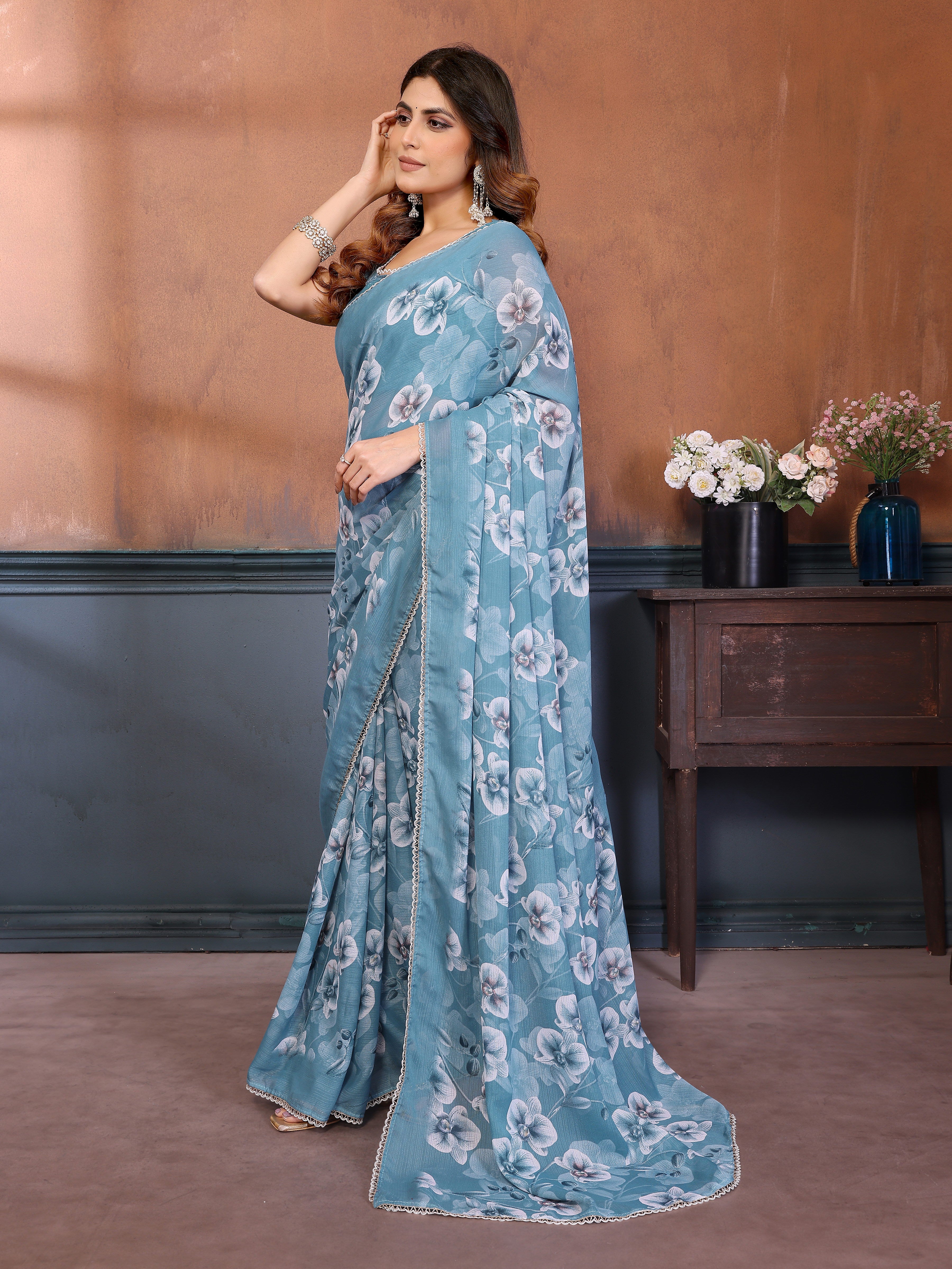 Sharmili Georgette Silk Printed Saree with Floral Print & Matching Unstitched Blouse