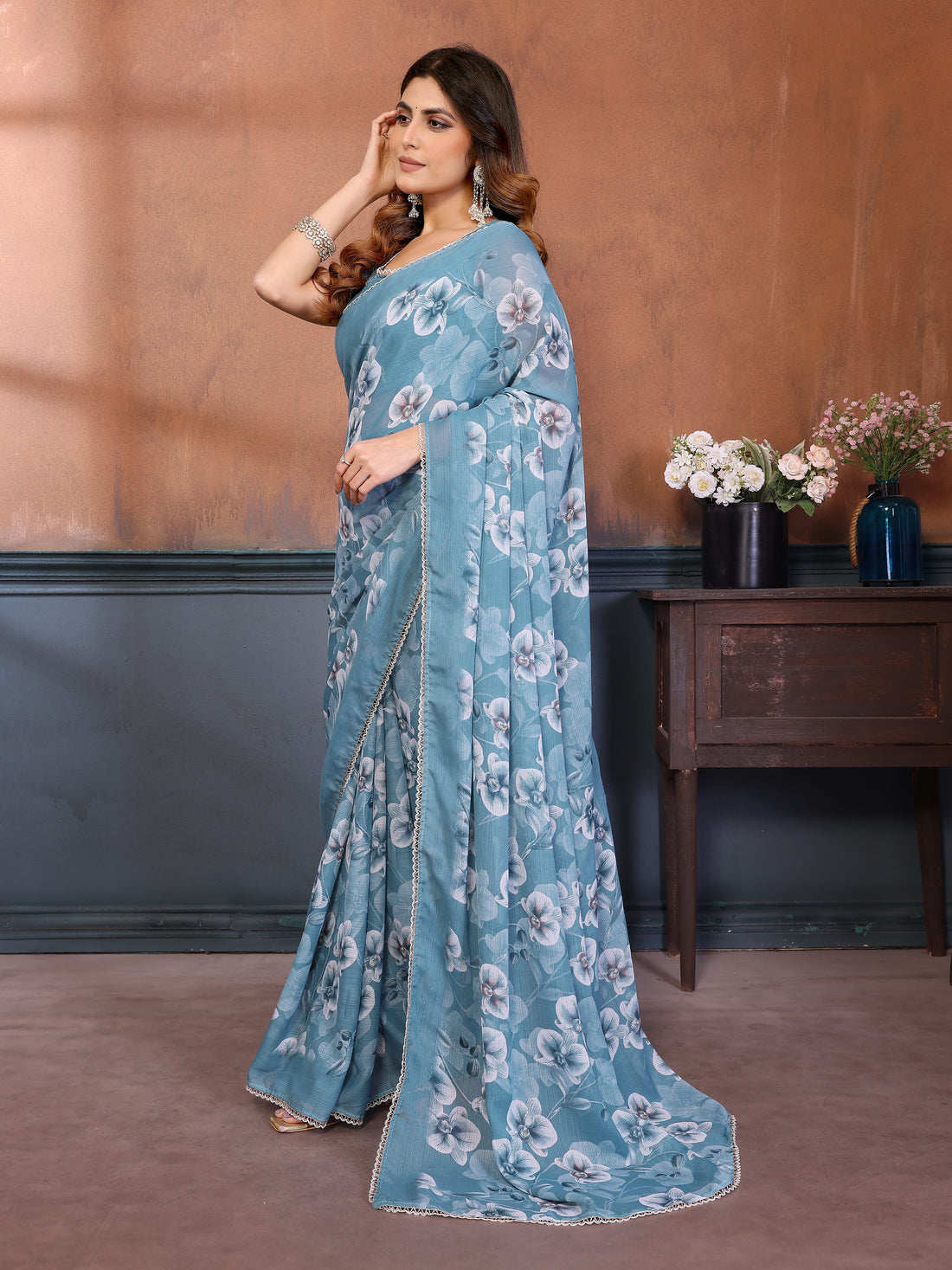 Sharmili Georgette Silk Printed Saree with Floral Print & Matching Unstitched Blouse