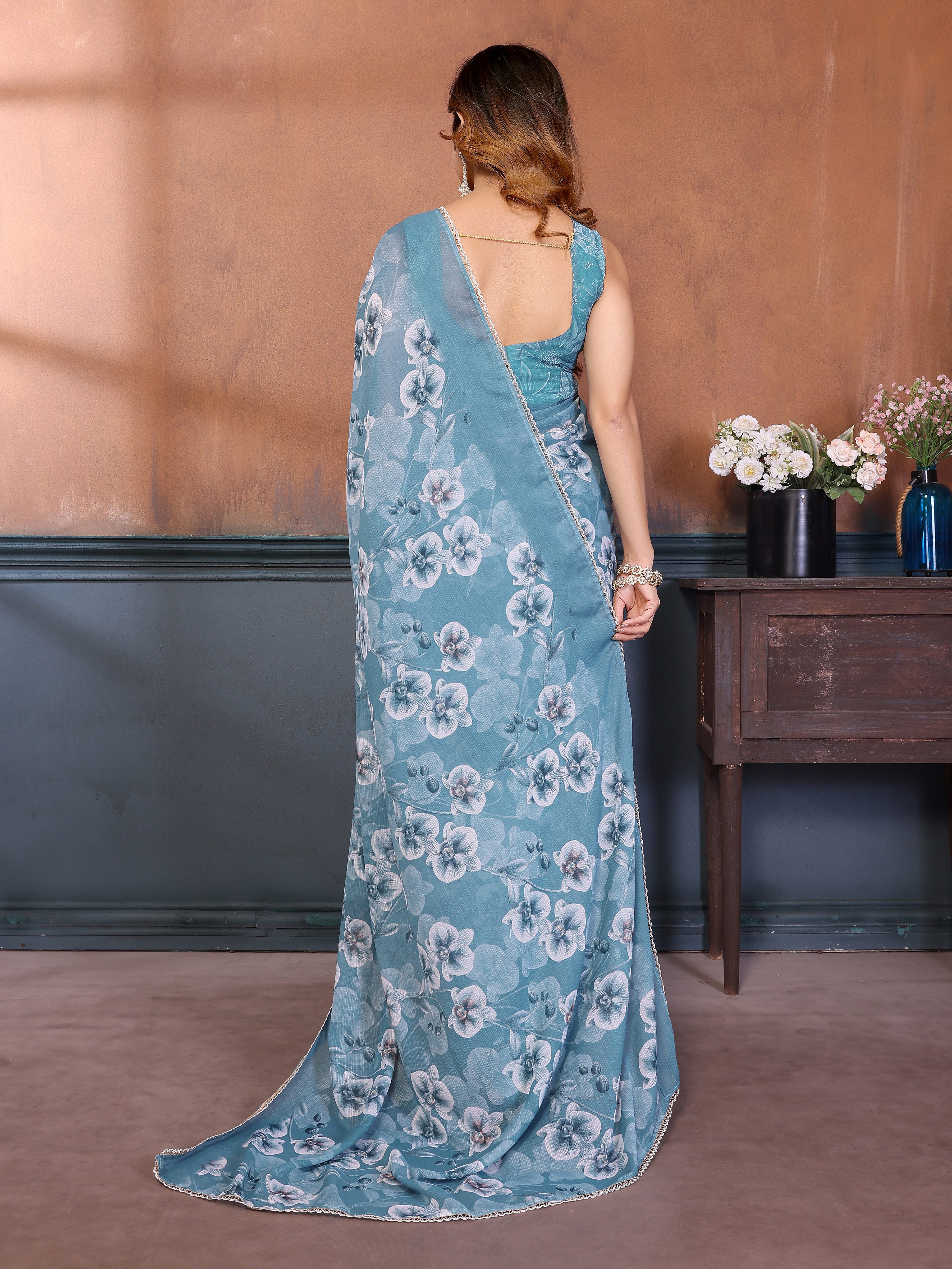 Sharmili Georgette Silk Printed Saree with Floral Print & Matching Unstitched Blouse