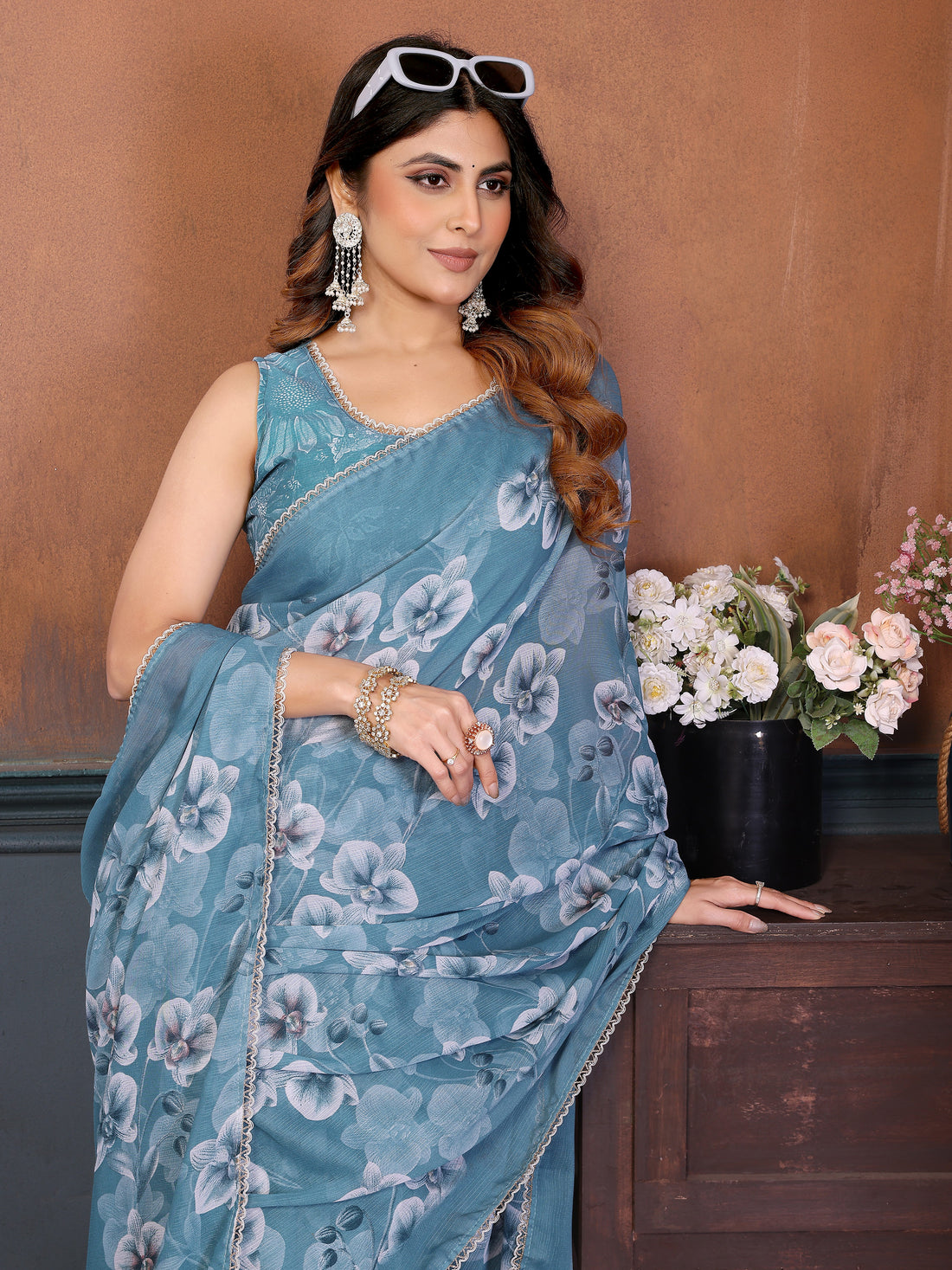 Sharmili Georgette Silk Printed Saree with Floral Print & Matching Unstitched Blouse