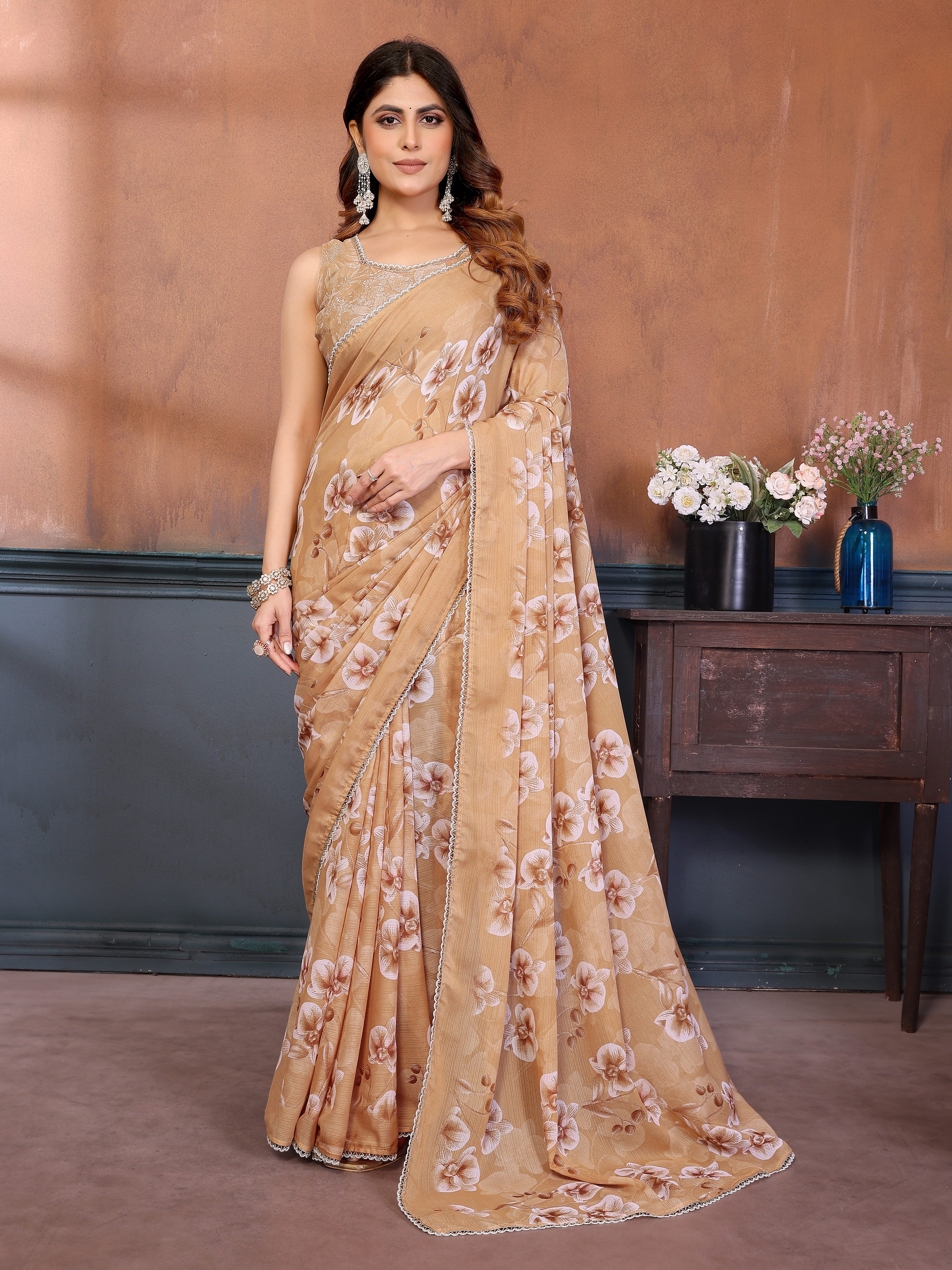 Sharmili Georgette Silk Printed Saree with Floral Print & Matching Unstitched Blouse