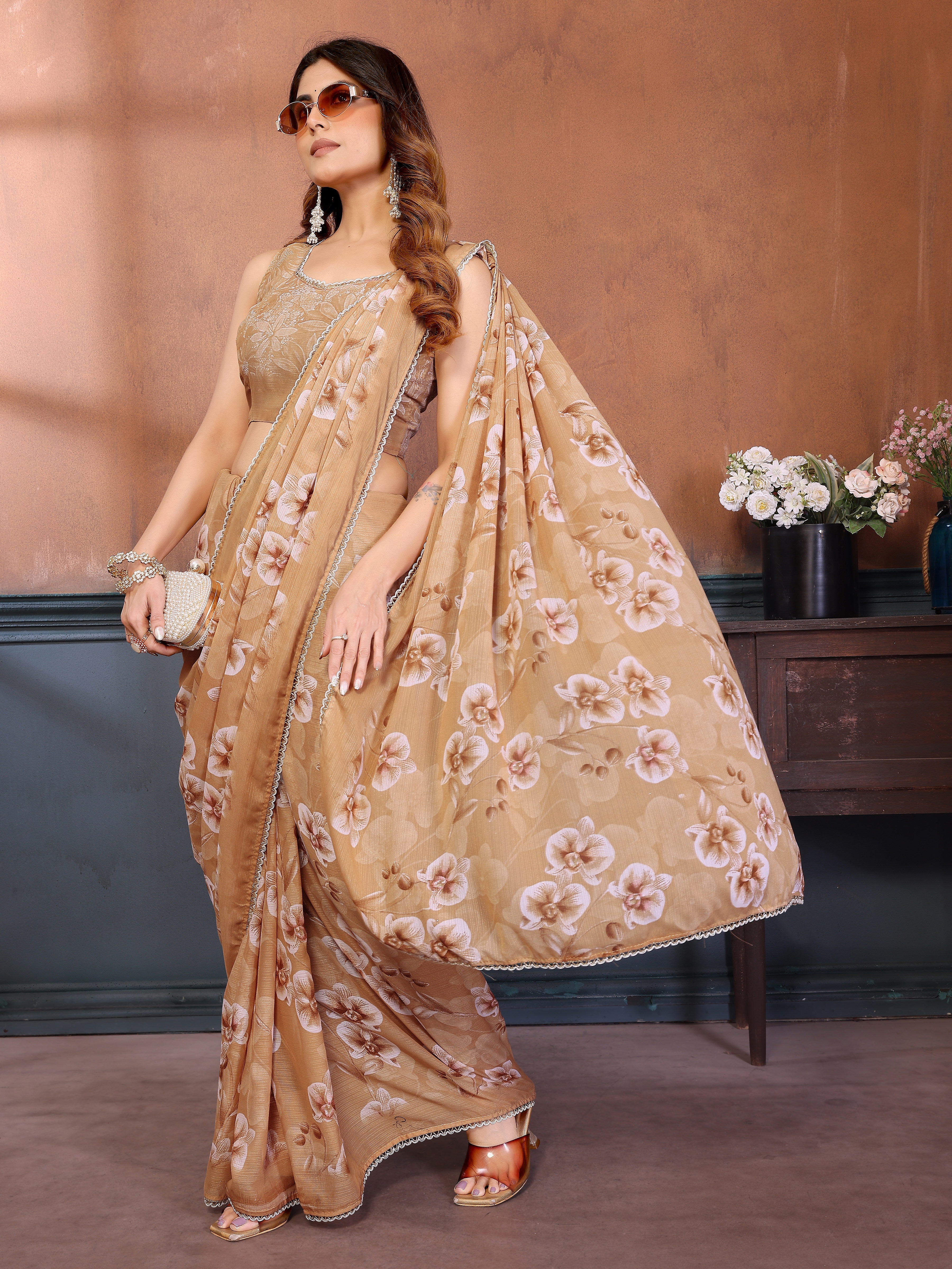 Sharmili Georgette Silk Printed Saree with Floral Print & Matching Unstitched Blouse