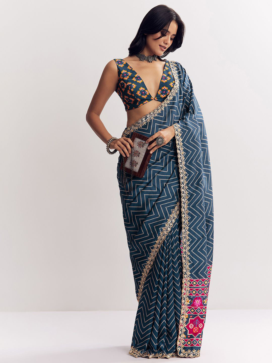 Manipuri Silk Printed Saree with Geometric Zigzag Print, Embroidery Lace & Designer Pallu