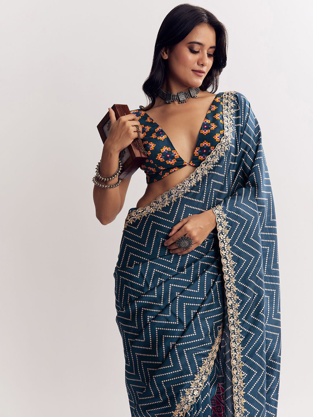 Manipuri Silk Printed Saree with Geometric Zigzag Print, Embroidery Lace & Designer Pallu