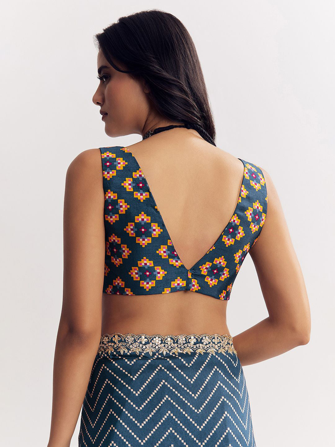 Manipuri Silk Printed Saree with Geometric Zigzag Print, Embroidery Lace & Designer Pallu