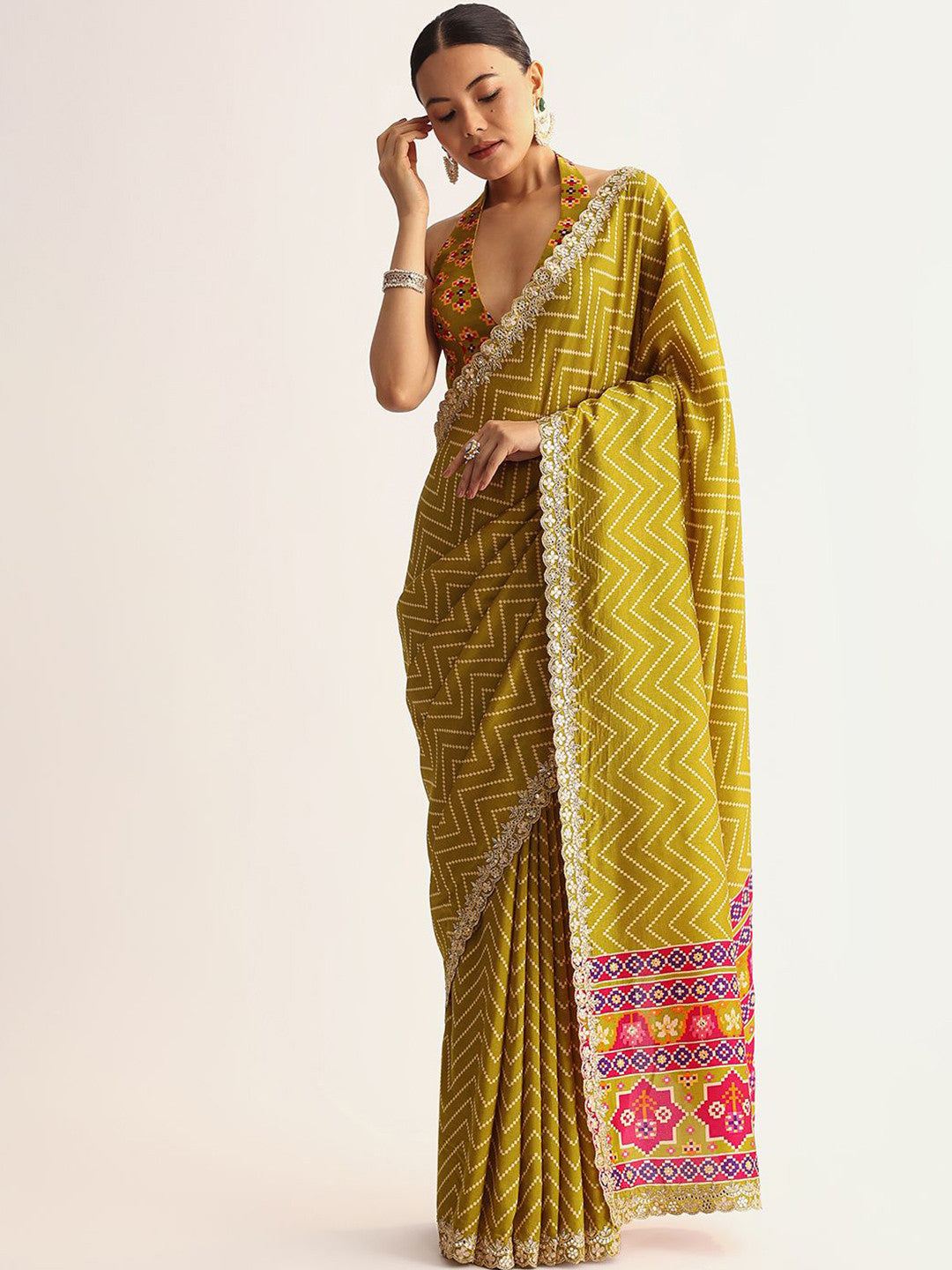 Manipuri Silk Printed Saree with Geometric Zigzag Print, Embroidery Lace & Designer Pallu