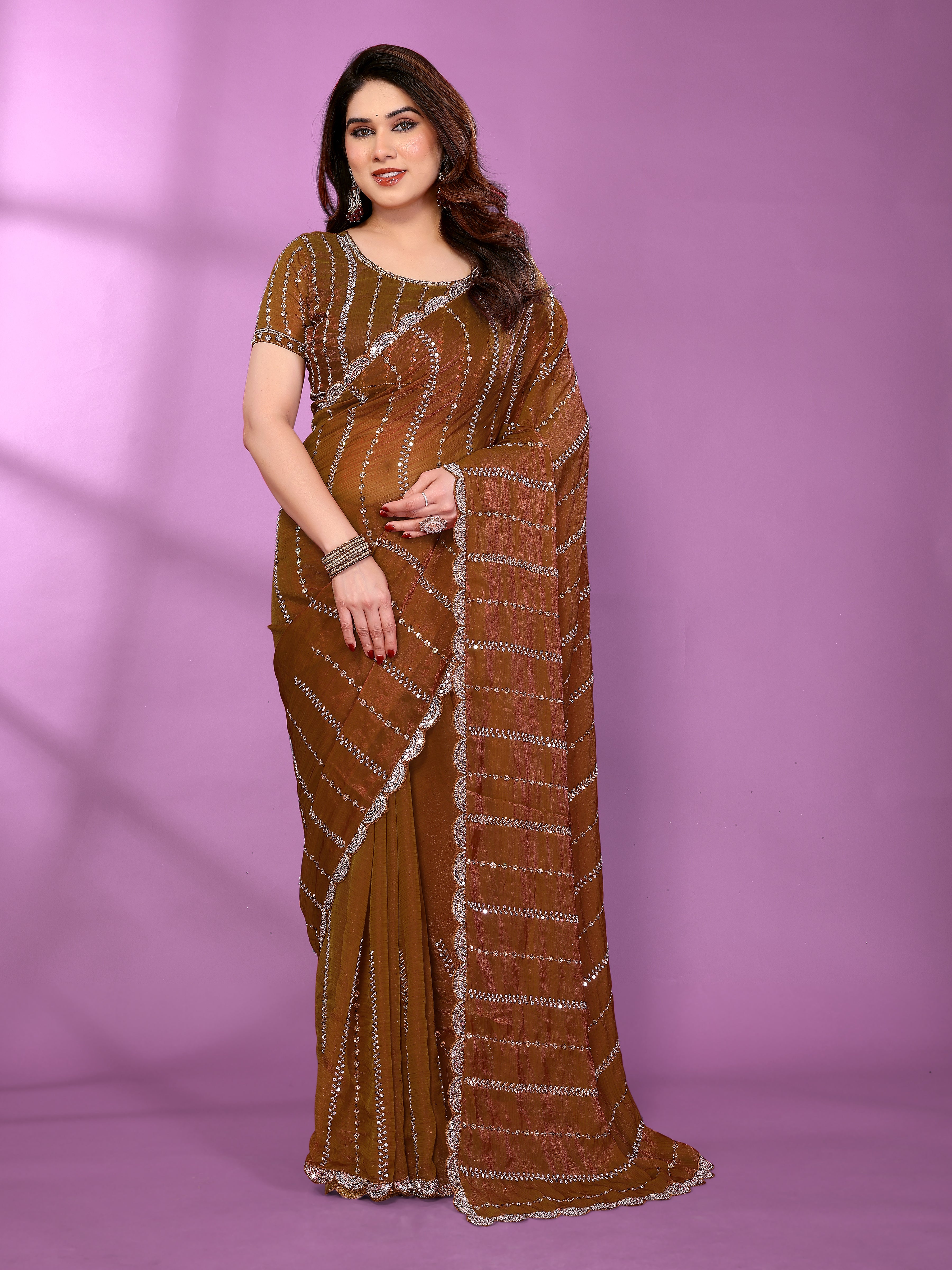 Satin Silk Saree with Original Beads Work & Matching Beads Work Blouse