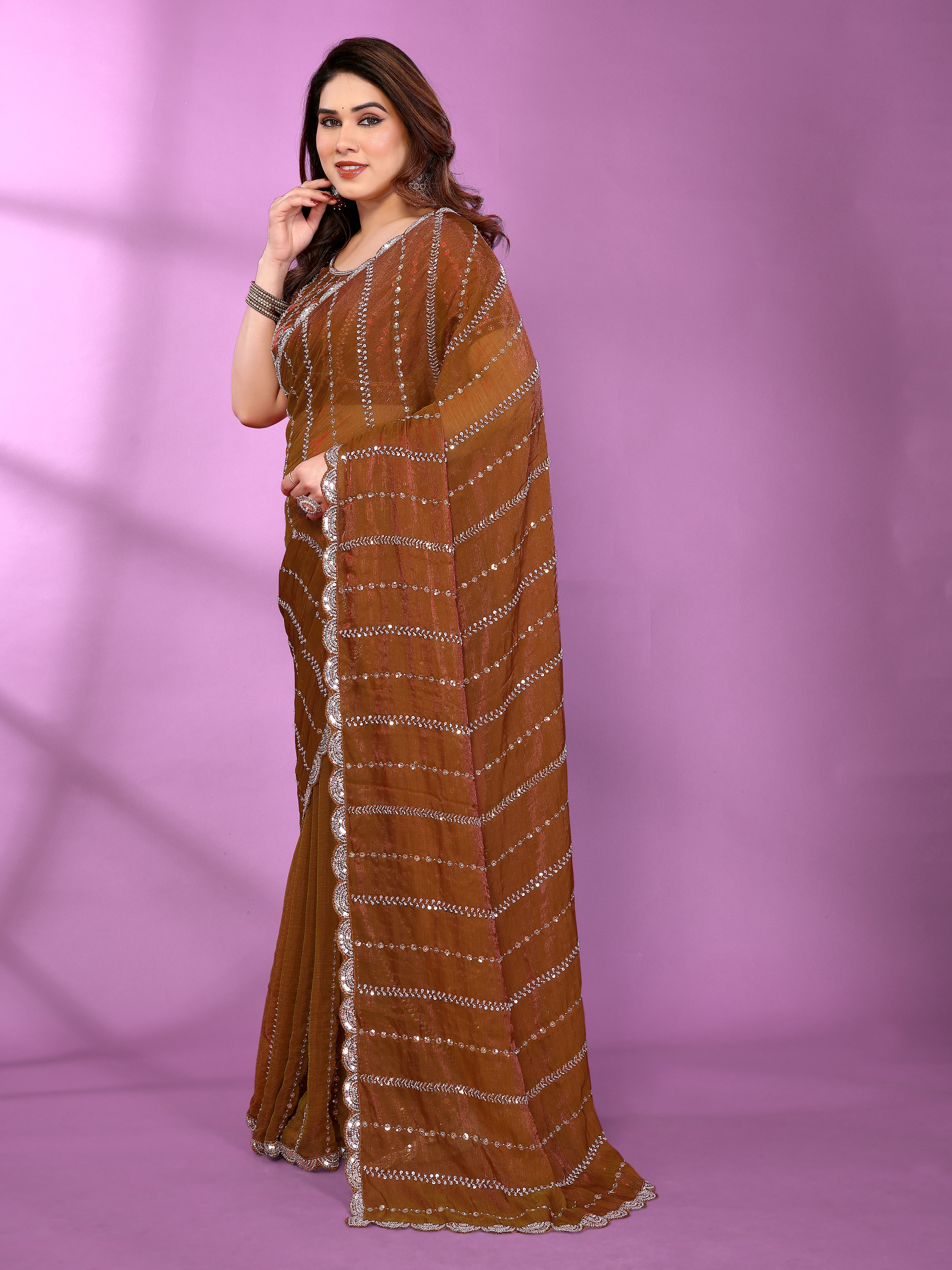 Satin Silk Saree with Original Beads Work & Matching Beads Work Blouse