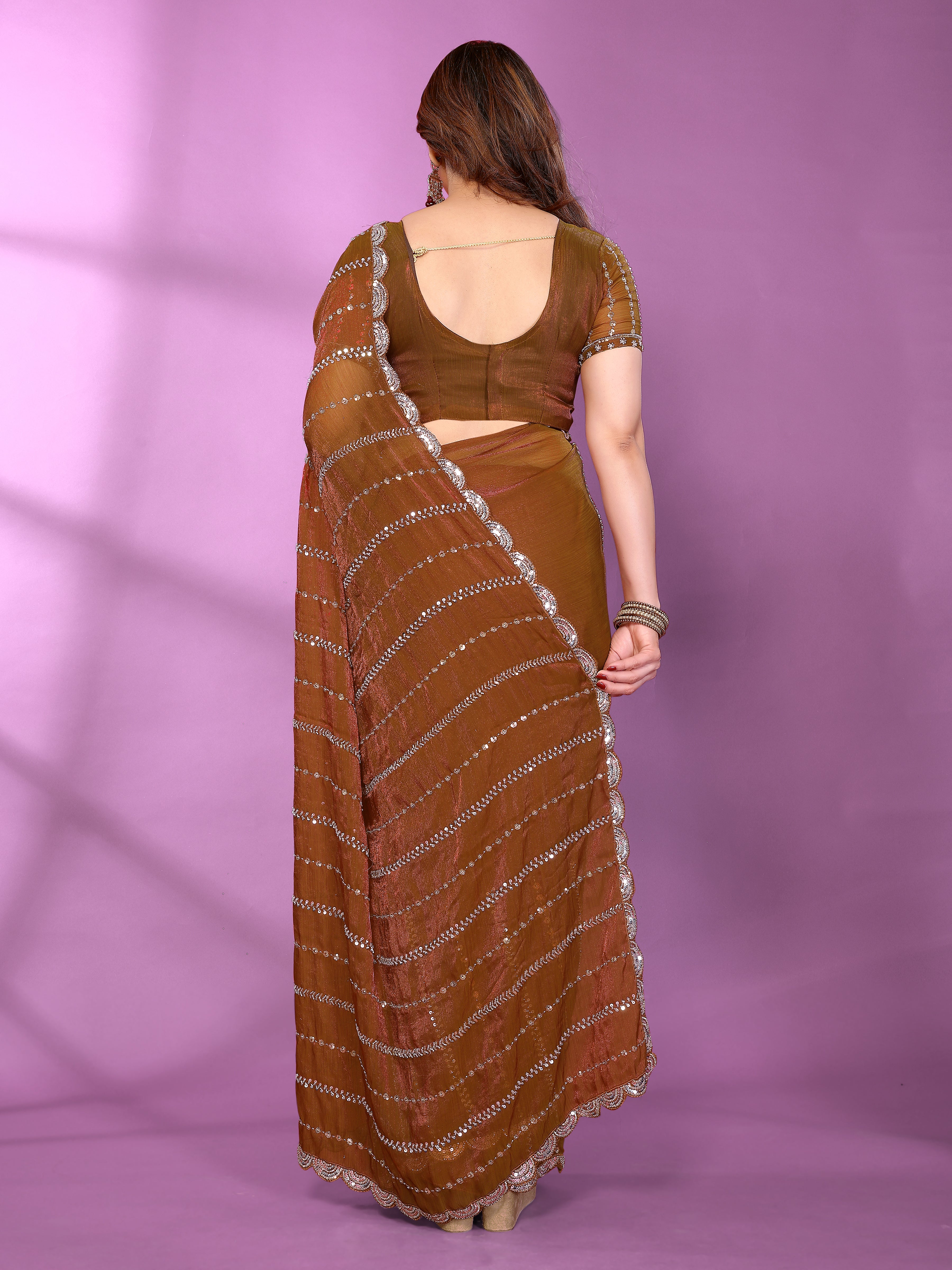 Satin Silk Saree with Original Beads Work & Matching Beads Work Blouse