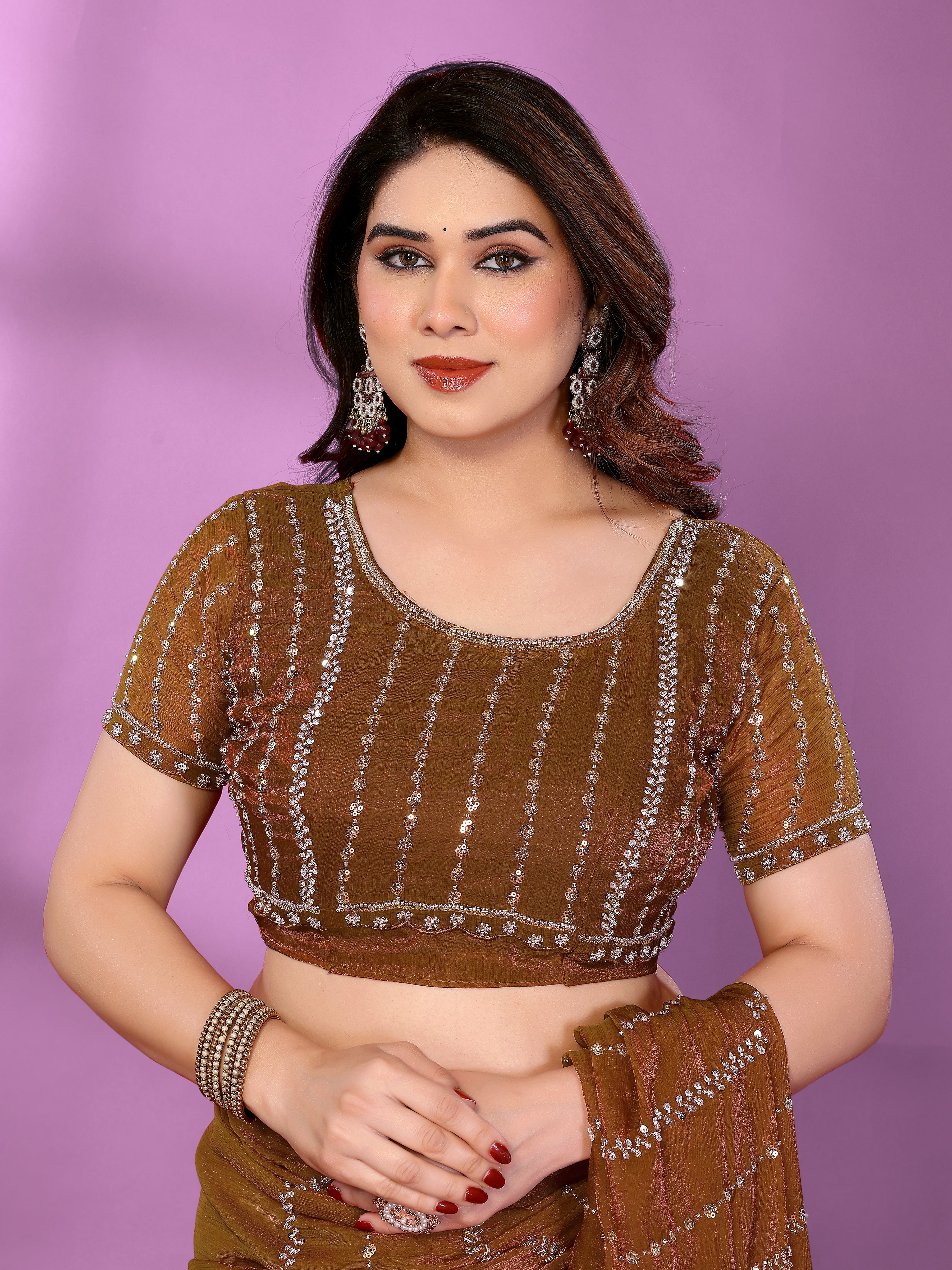Satin Silk Saree with Original Beads Work & Matching Beads Work Blouse