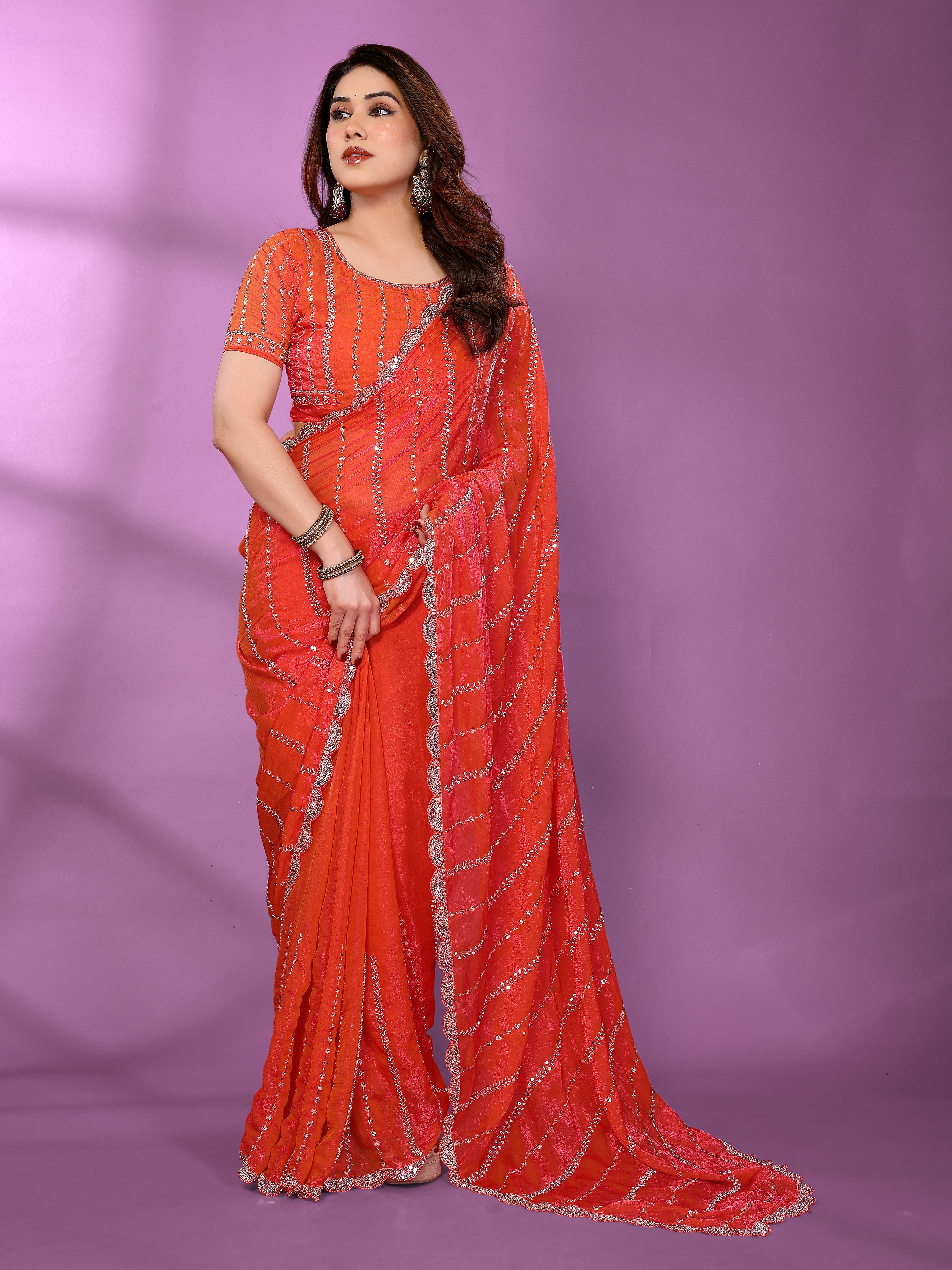 Satin Silk Saree with Original Beads Work & Matching Beads Work Blouse
