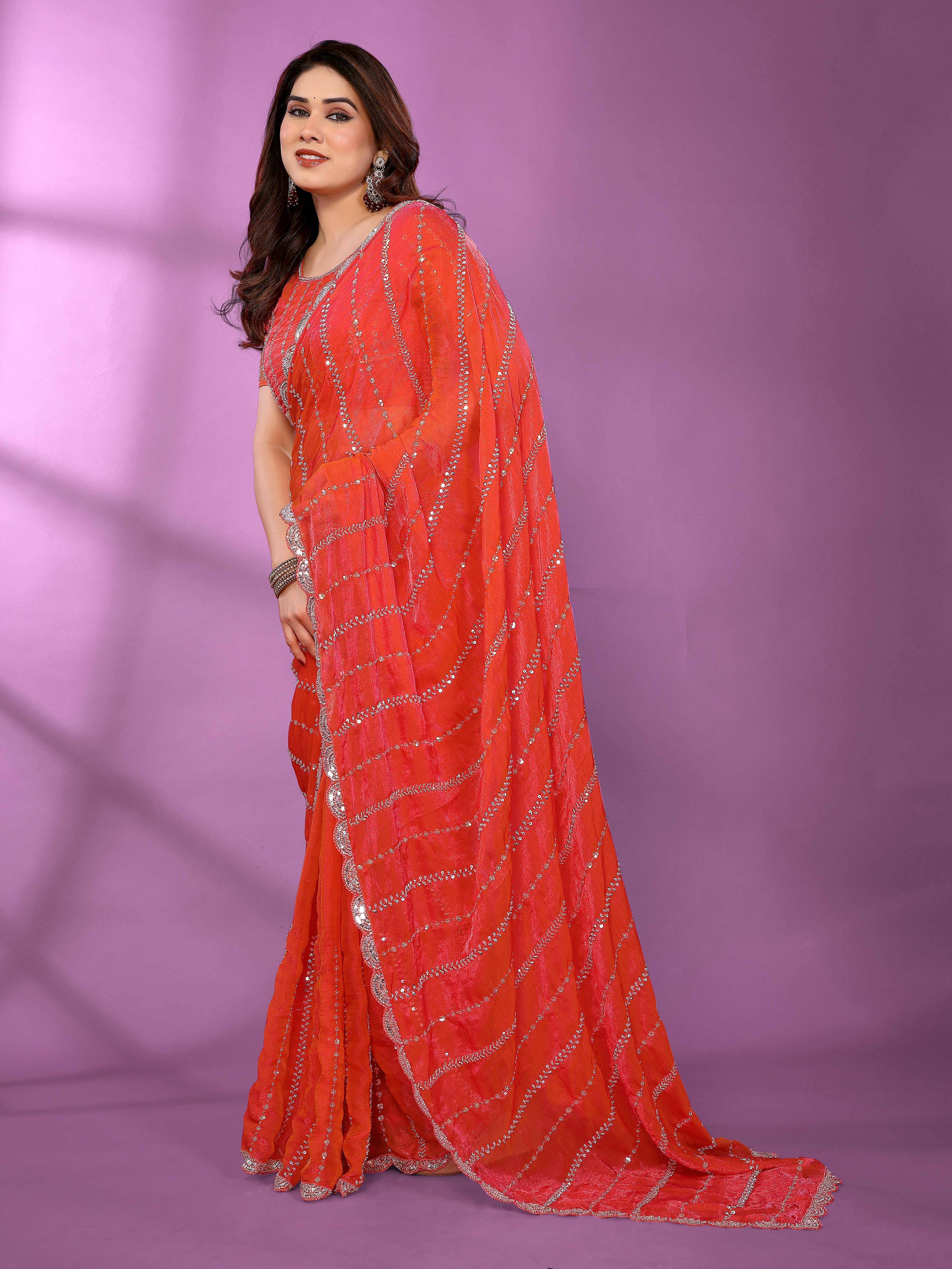 Satin Silk Saree with Original Beads Work & Matching Beads Work Blouse