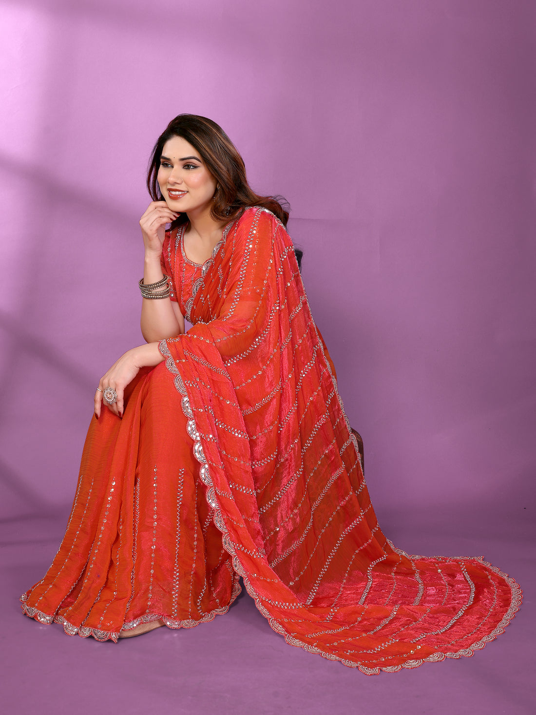 Satin Silk Saree with Original Beads Work & Matching Beads Work Blouse