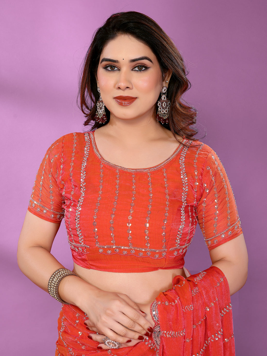 Satin Silk Saree with Original Beads Work & Matching Beads Work Blouse
