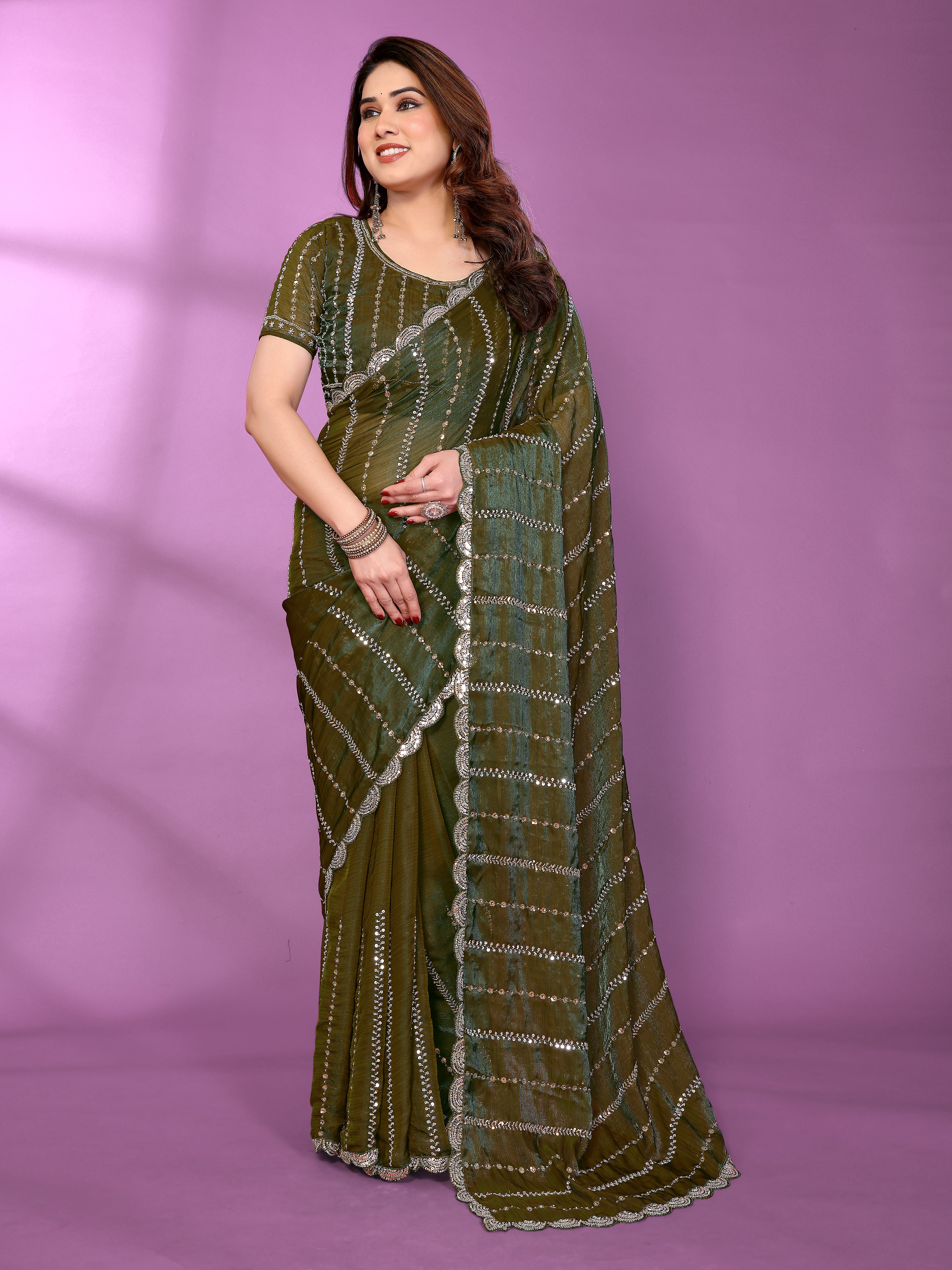 Satin Silk Saree with Original Beads Work & Matching Beads Work Blouse
