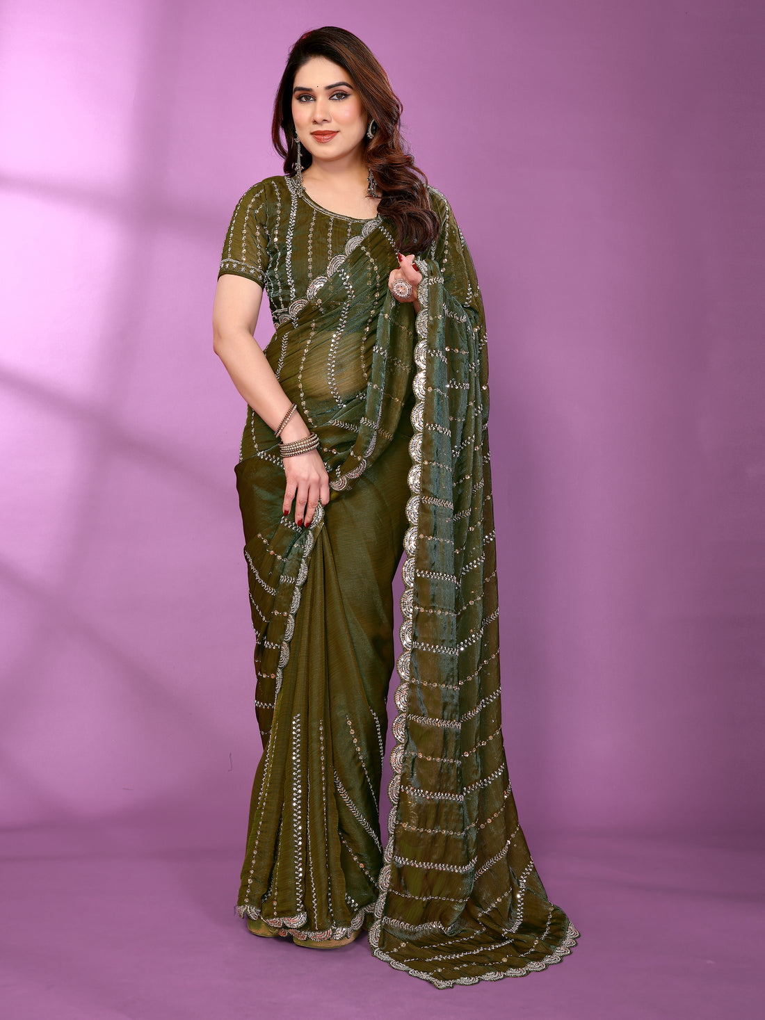Satin Silk Saree with Original Beads Work & Matching Beads Work Blouse