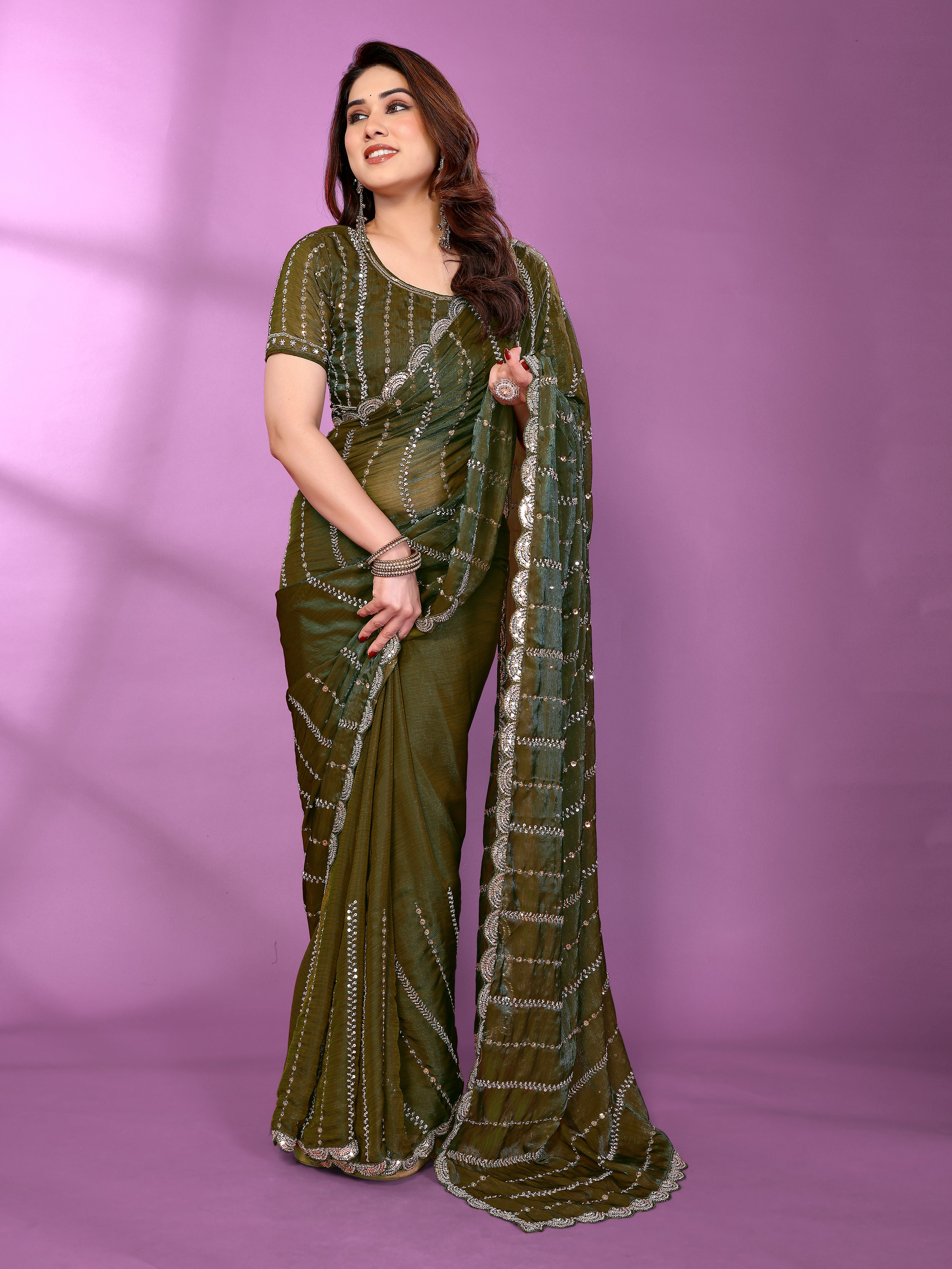 Satin Silk Saree with Original Beads Work & Matching Beads Work Blouse