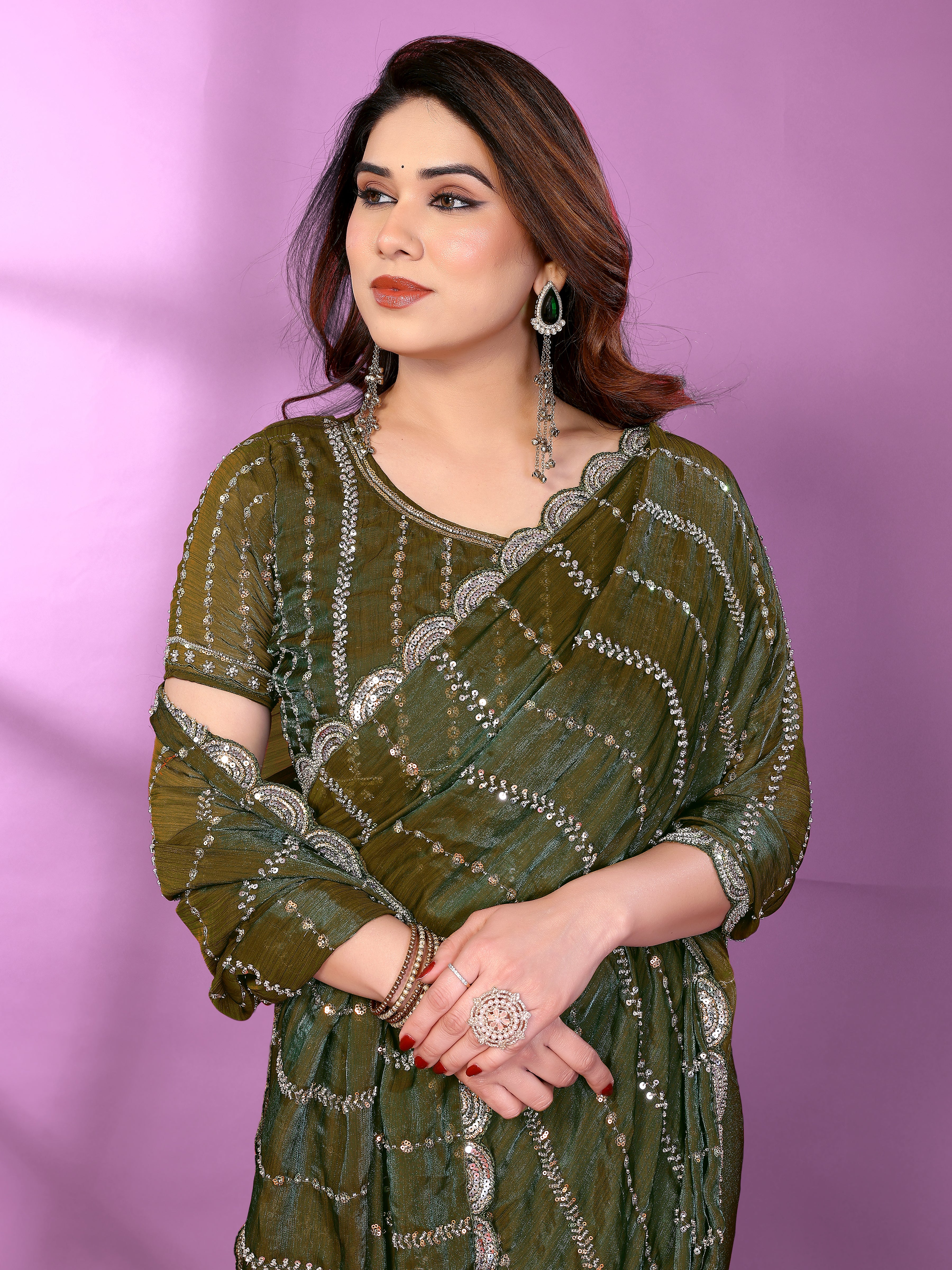 Satin Silk Saree with Original Beads Work & Matching Beads Work Blouse