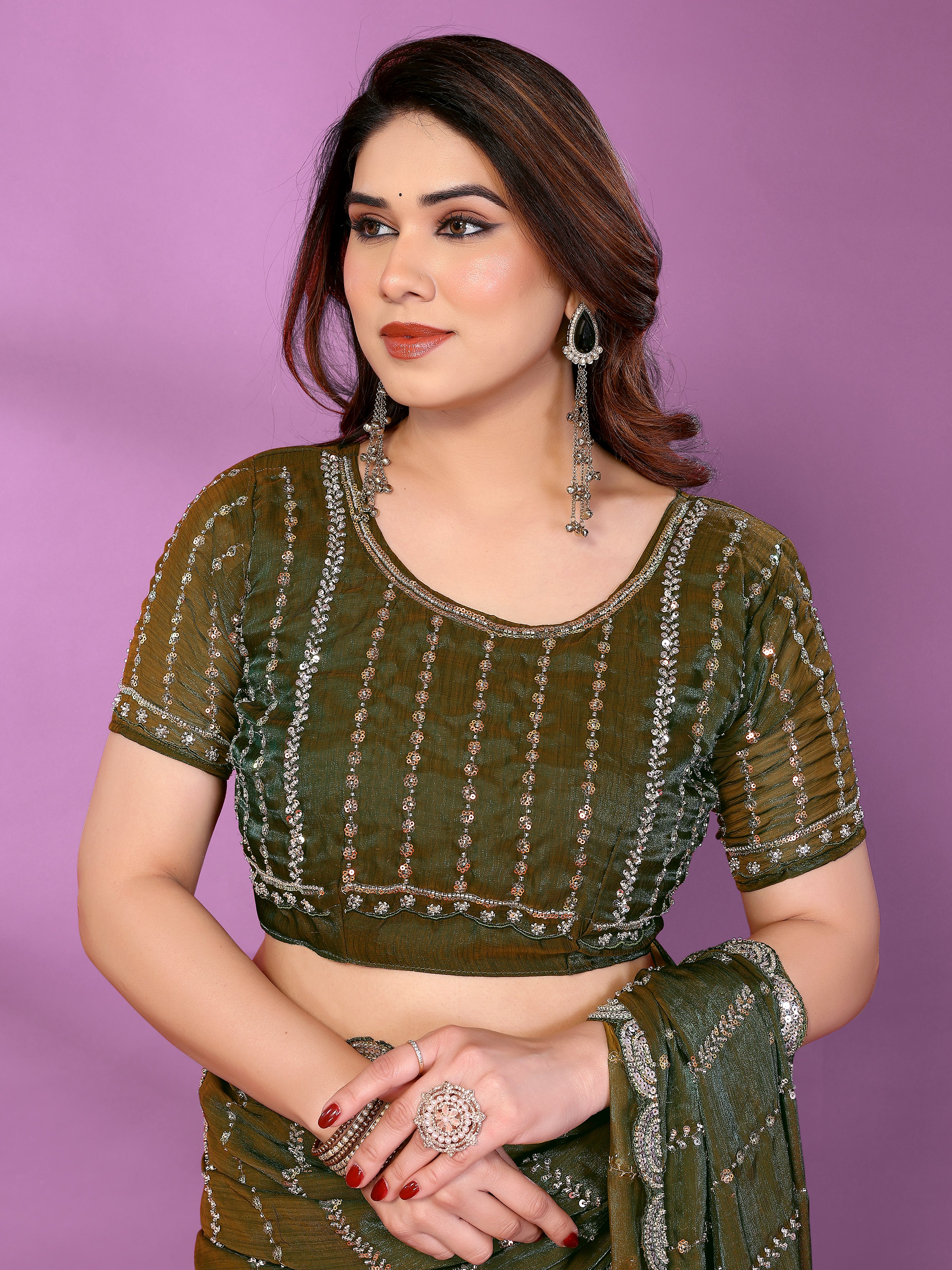 Satin Silk Saree with Original Beads Work & Matching Beads Work Blouse
