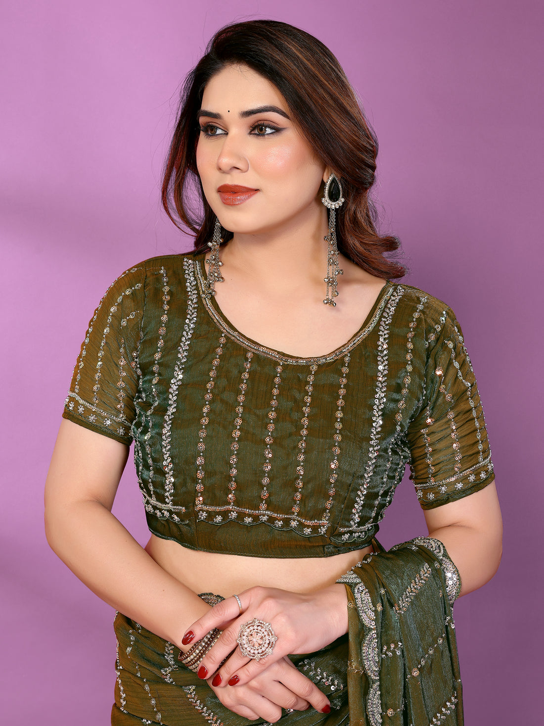 Satin Silk Saree with Original Beads Work & Matching Beads Work Blouse