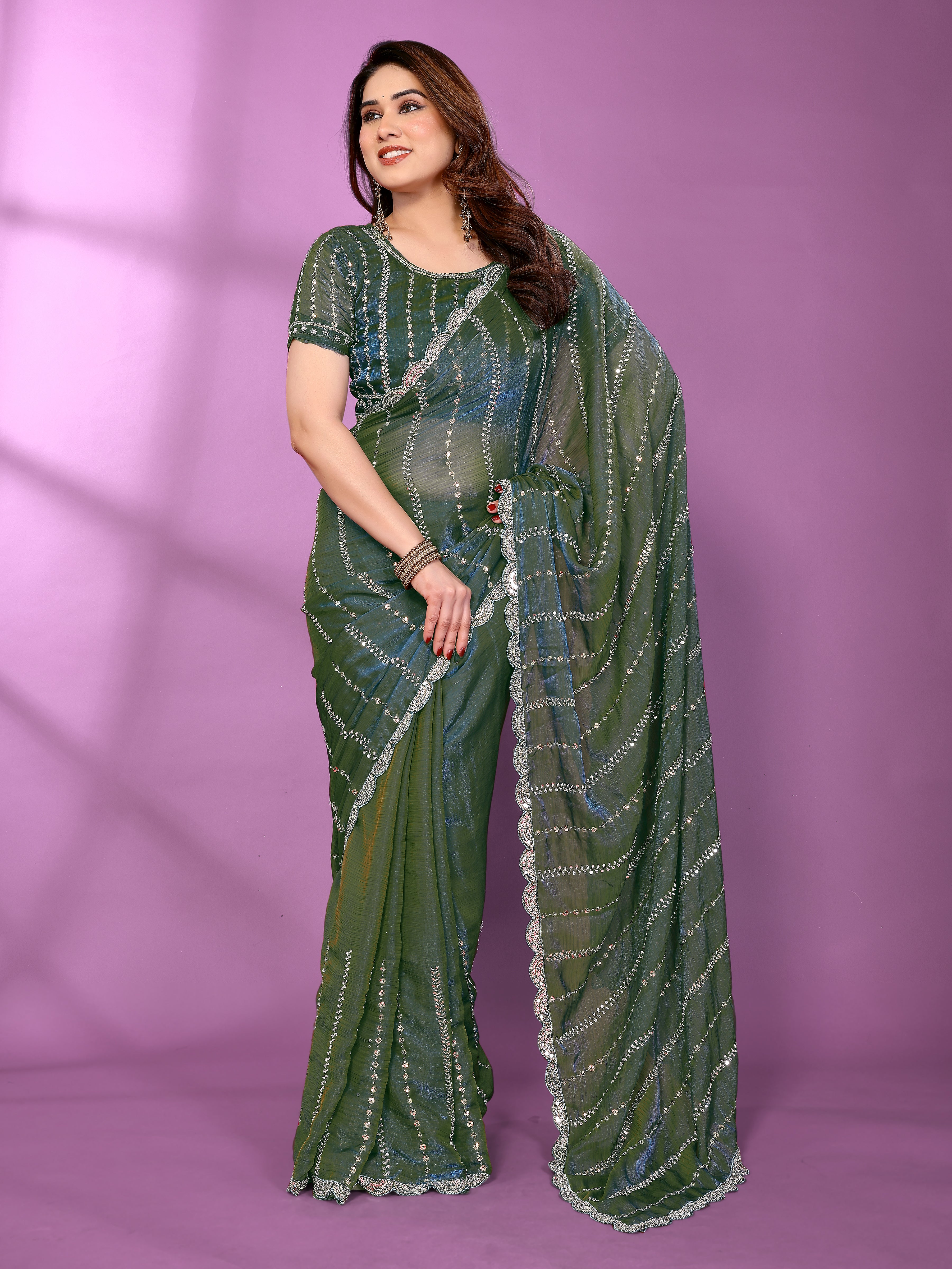 Satin Silk Saree with Original Beads Work & Matching Beads Work Blouse