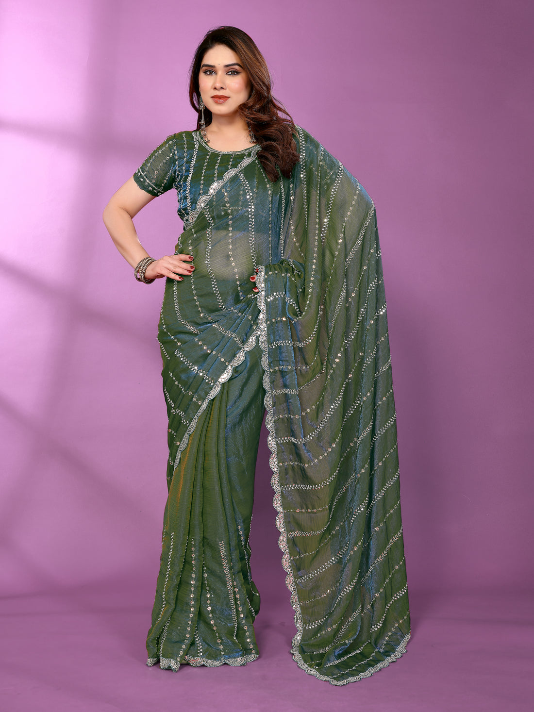 Satin Silk Saree with Original Beads Work & Matching Beads Work Blouse