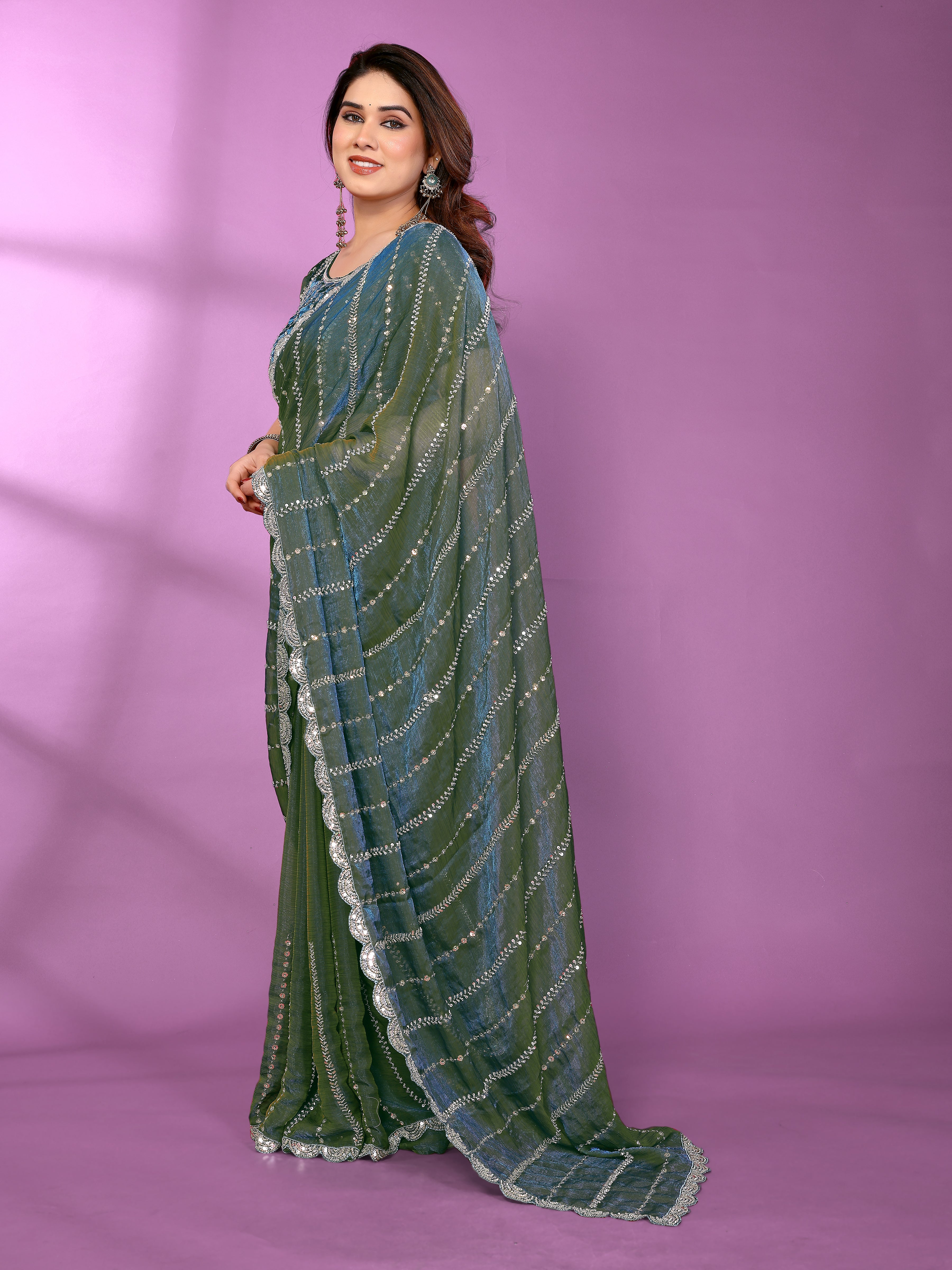 Satin Silk Saree with Original Beads Work & Matching Beads Work Blouse