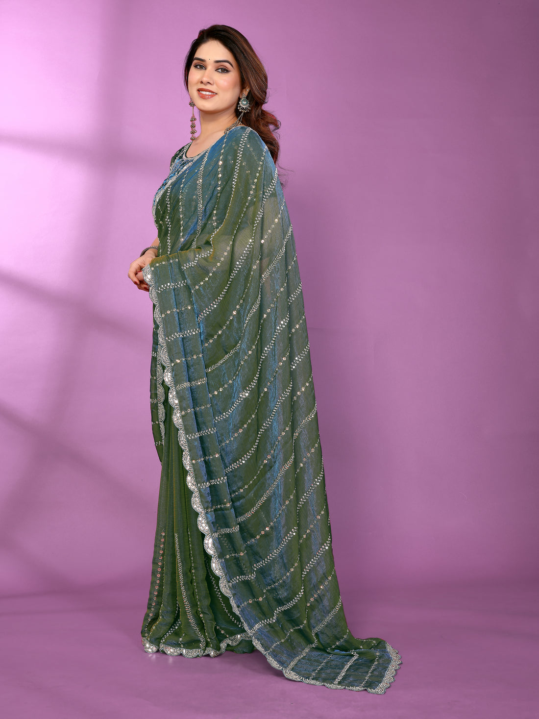 Satin Silk Saree with Original Beads Work & Matching Beads Work Blouse