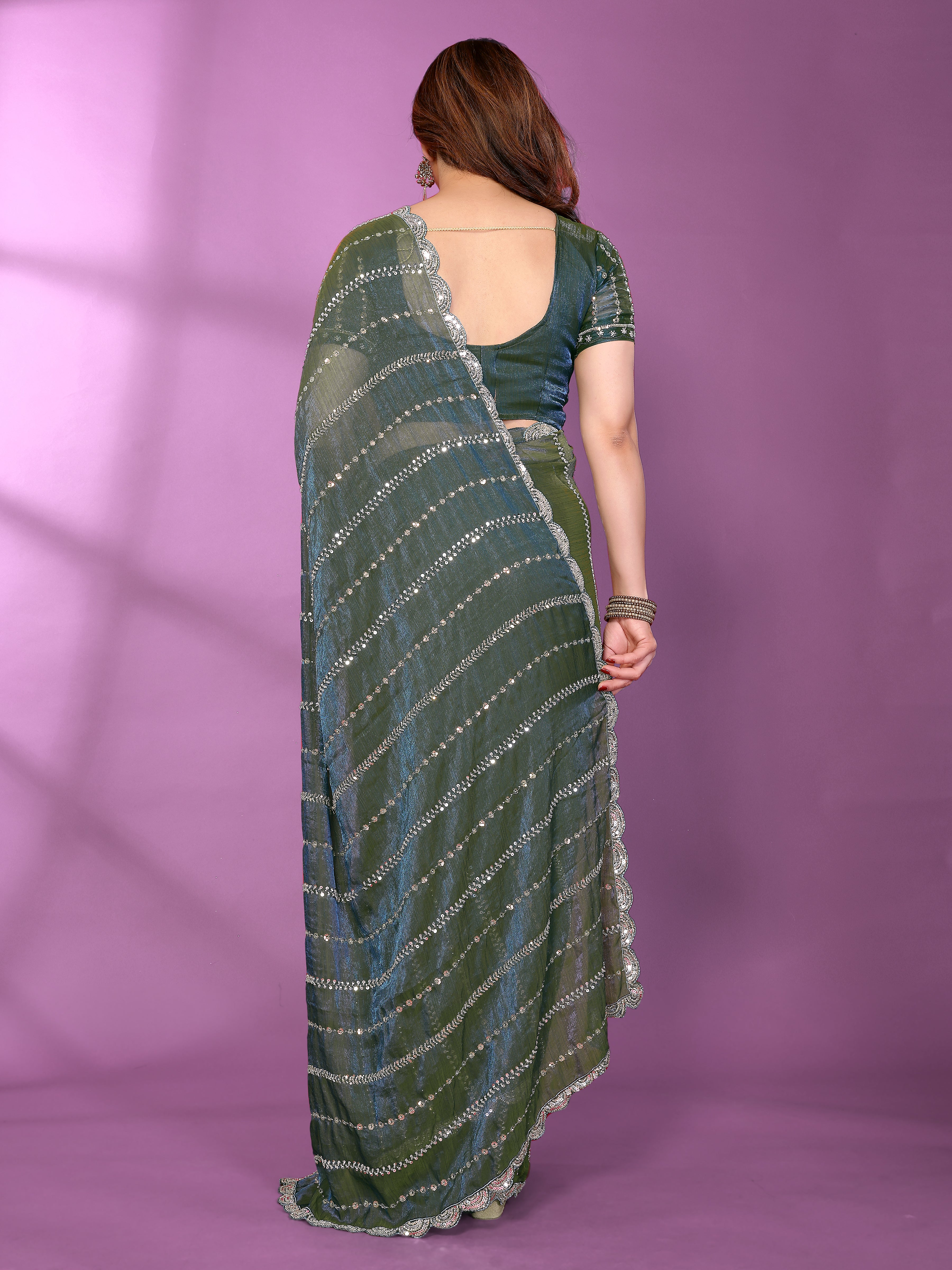 Satin Silk Saree with Original Beads Work & Matching Beads Work Blouse