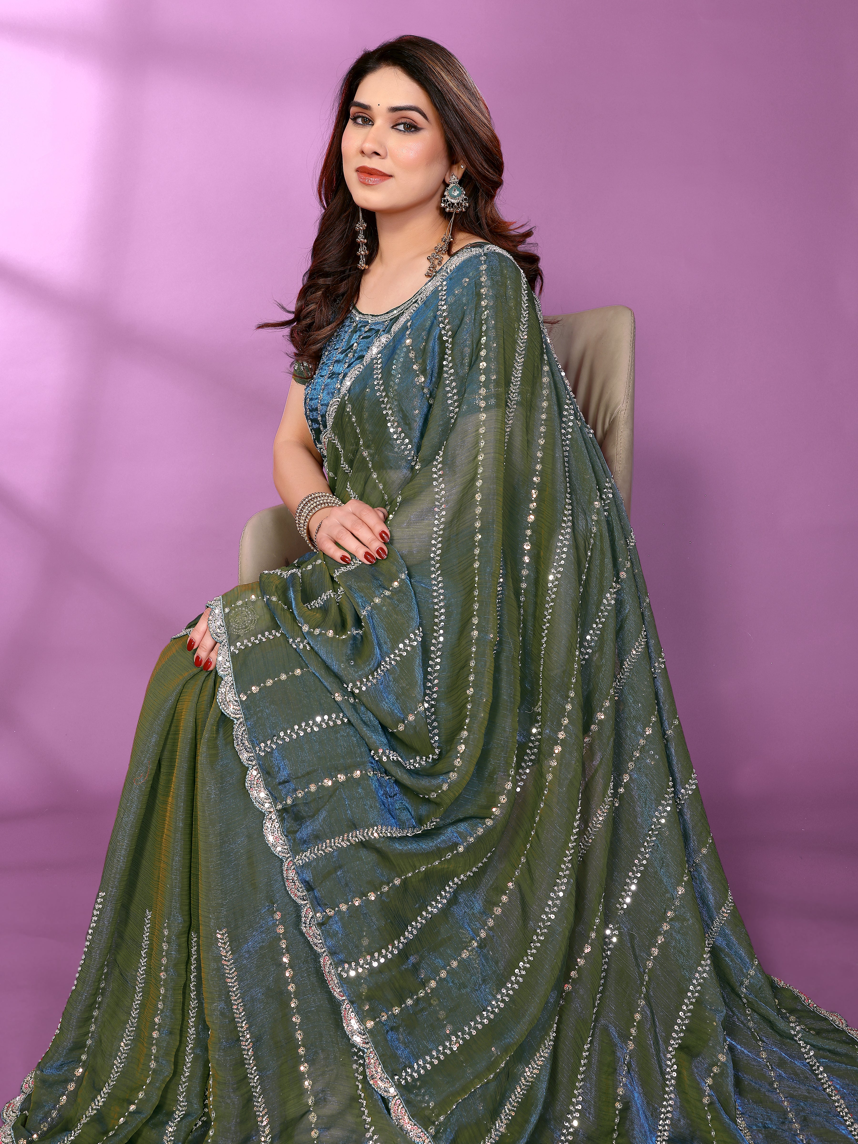 Satin Silk Saree with Original Beads Work & Matching Beads Work Blouse