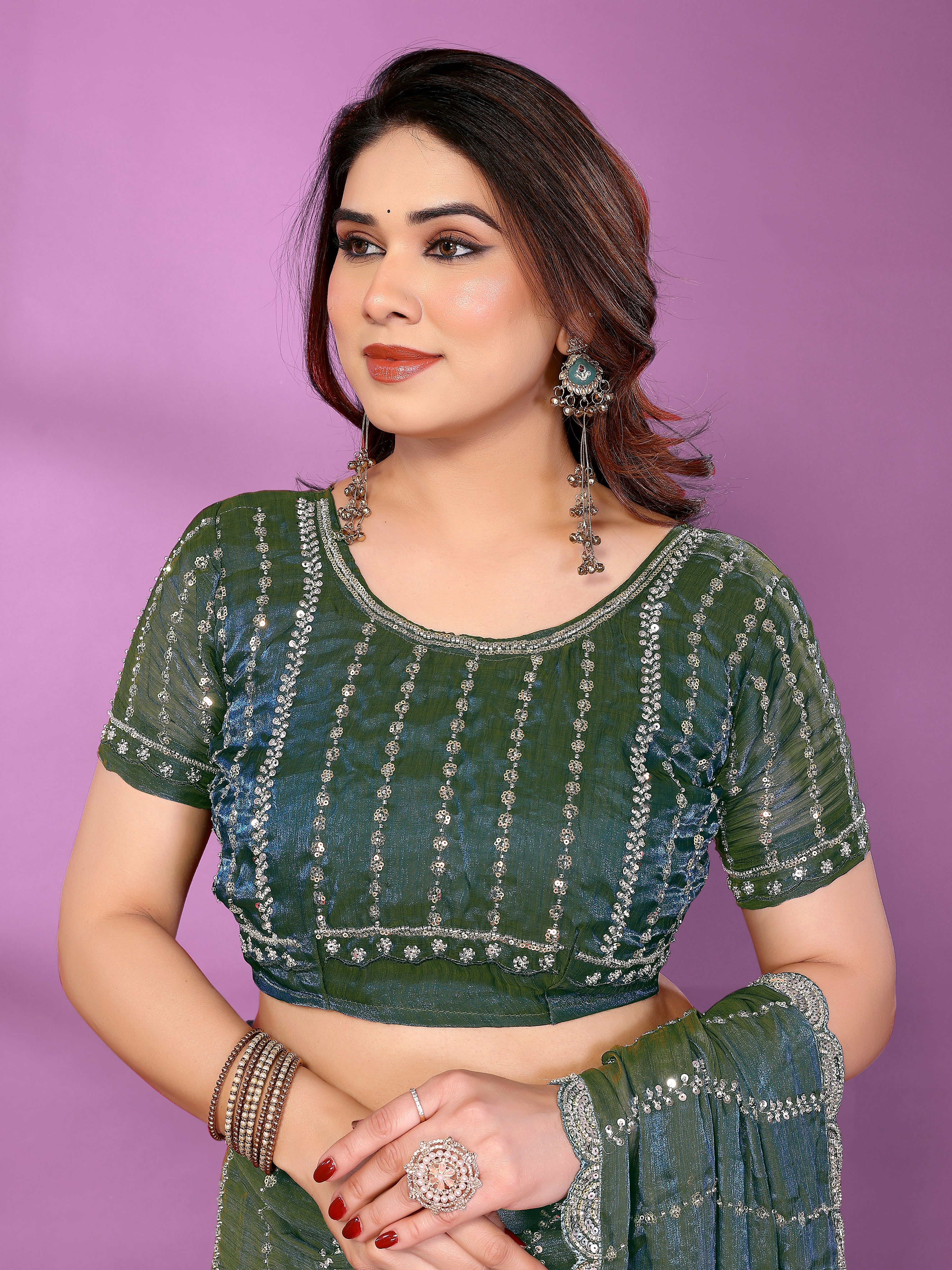 Satin Silk Saree with Original Beads Work & Matching Beads Work Blouse